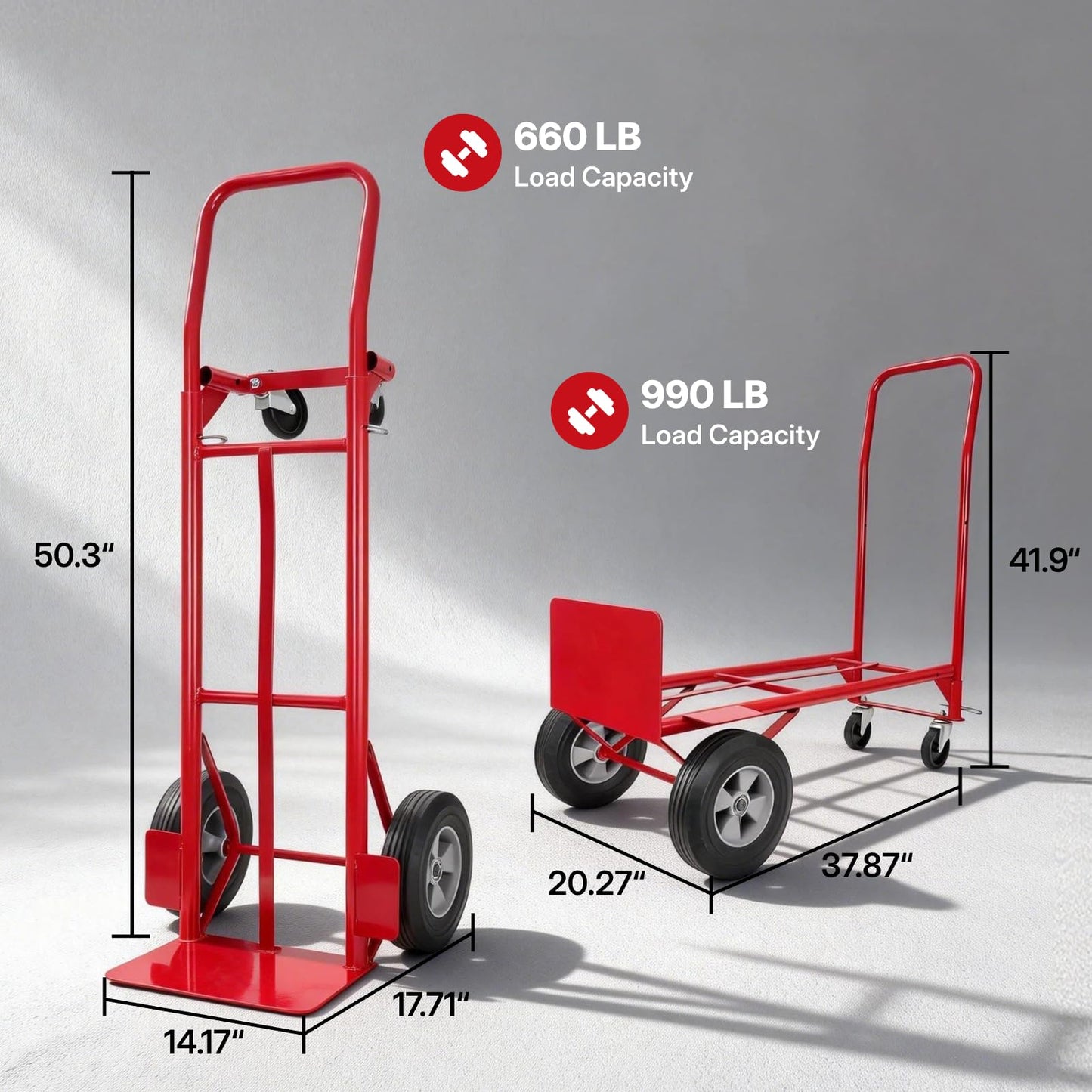 Heavy Duty 2-in-1 Convertible Hand Truck and Platform Cart, 990 lbs Capacity, Steel Frame, 10" Solid Rubber Wheels, Folding Dolly with Beveled Nose Plate for Easy Transport