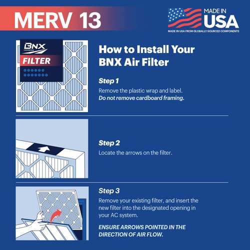 BNX TruFilter 16x25x1 Air Filter MERV 13 (6-Pack) - Electrostatic Pleated HVAC Filters for Allergies & Smoke