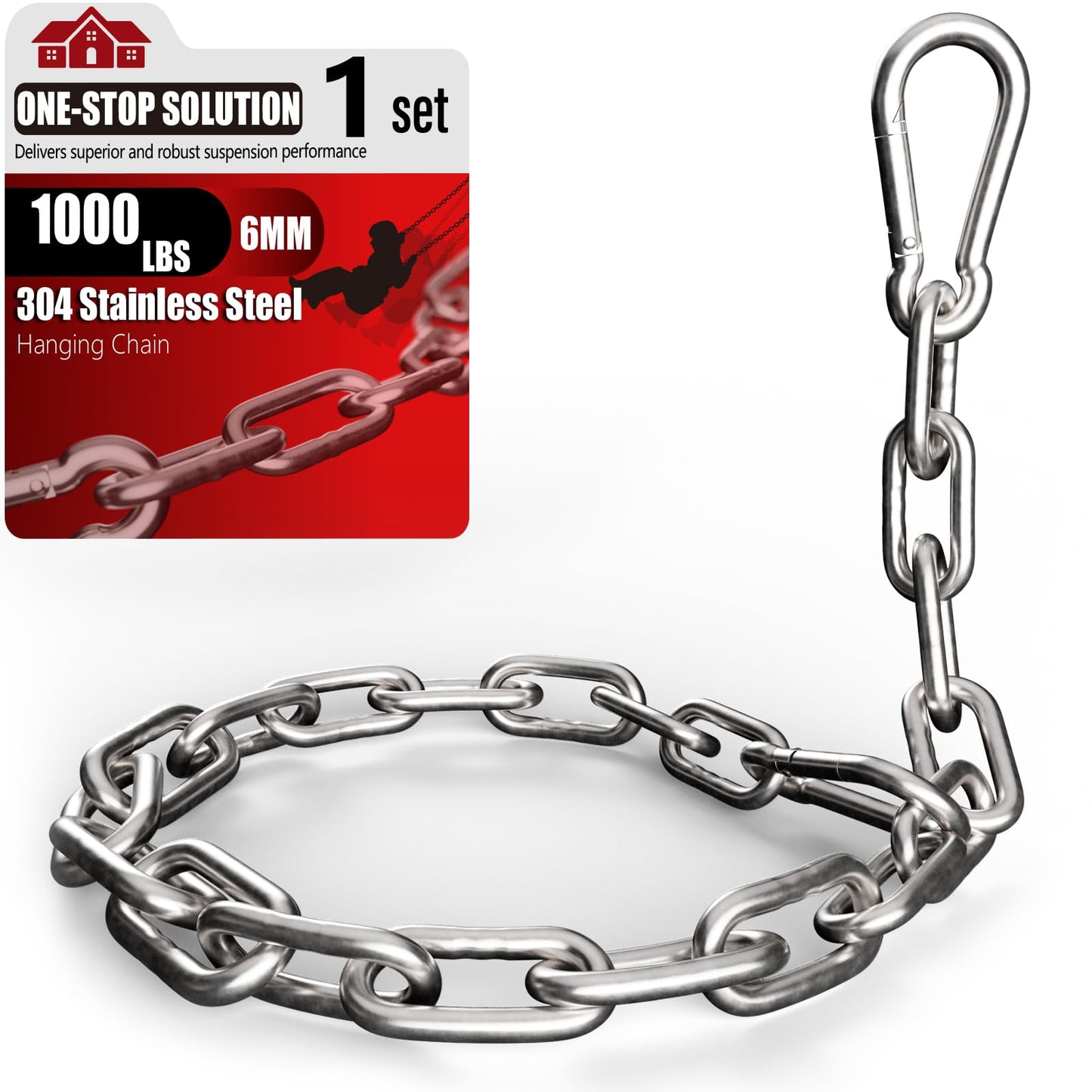 sprookber 1000LB Heavy Duty Hanging Swing Chain, 6mm Thick 304 Stainless Steel Hanging Chain with 2 Carabiners, 25" Hardware Kit for Hammock, Hanging Chair, Punching Bags, Tree, Indoor & Outdoor