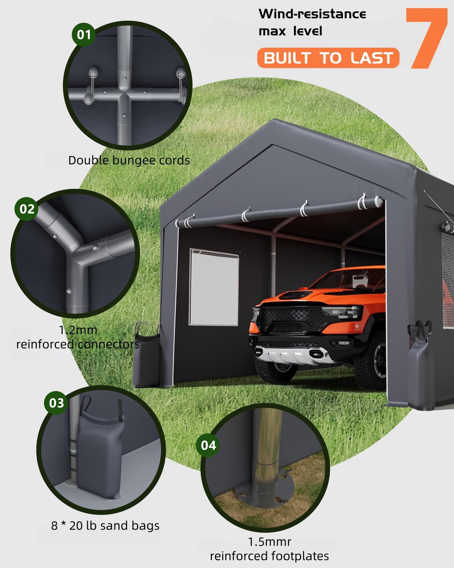 Hipicute 20x10x11 Ft Heavy-Duty Portable Garage with Canopy Top, Front and Back Doors, Roll-Up Windows, Carport Reinforced Structure for Cars, Trucks, Boats, and Parties - Gray