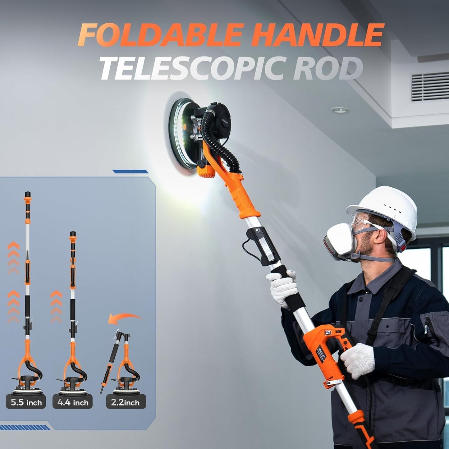 Drywall Sander with Vacuum Dust Collector, 1050W 7.33A Popcorn Ceiling Removal Tool, LED Light, 5 Variable Speed 1000-2100RPM, Foldable & Extendable Handle, 12 Sanding Discs