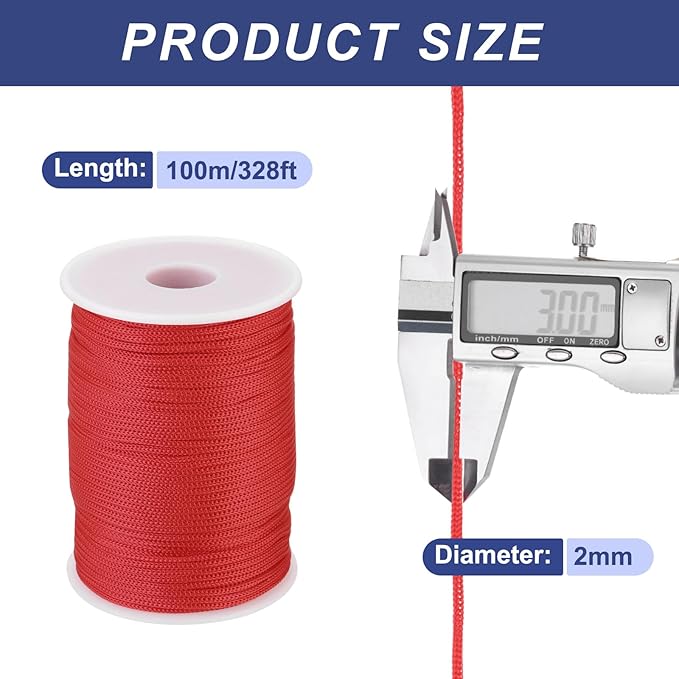 MECCANIXITY 1/12 Inch Polypropylene Rope Braided Ropes, 328ft Nylon Rope Hollow Utility Cord for Clothesline, Camping, Hiking, Outdoor, Red