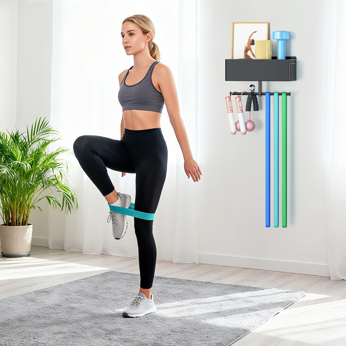 Home Gym Wall Storage, White Resistance Bands Rack Hanger Metal, Wall Mounted Fitness Bands Holder, Multi-Purpose Heavy Duty Workout Gym Storage Rack for Resistance Bands, Straps, Jump Ropes (Black)
