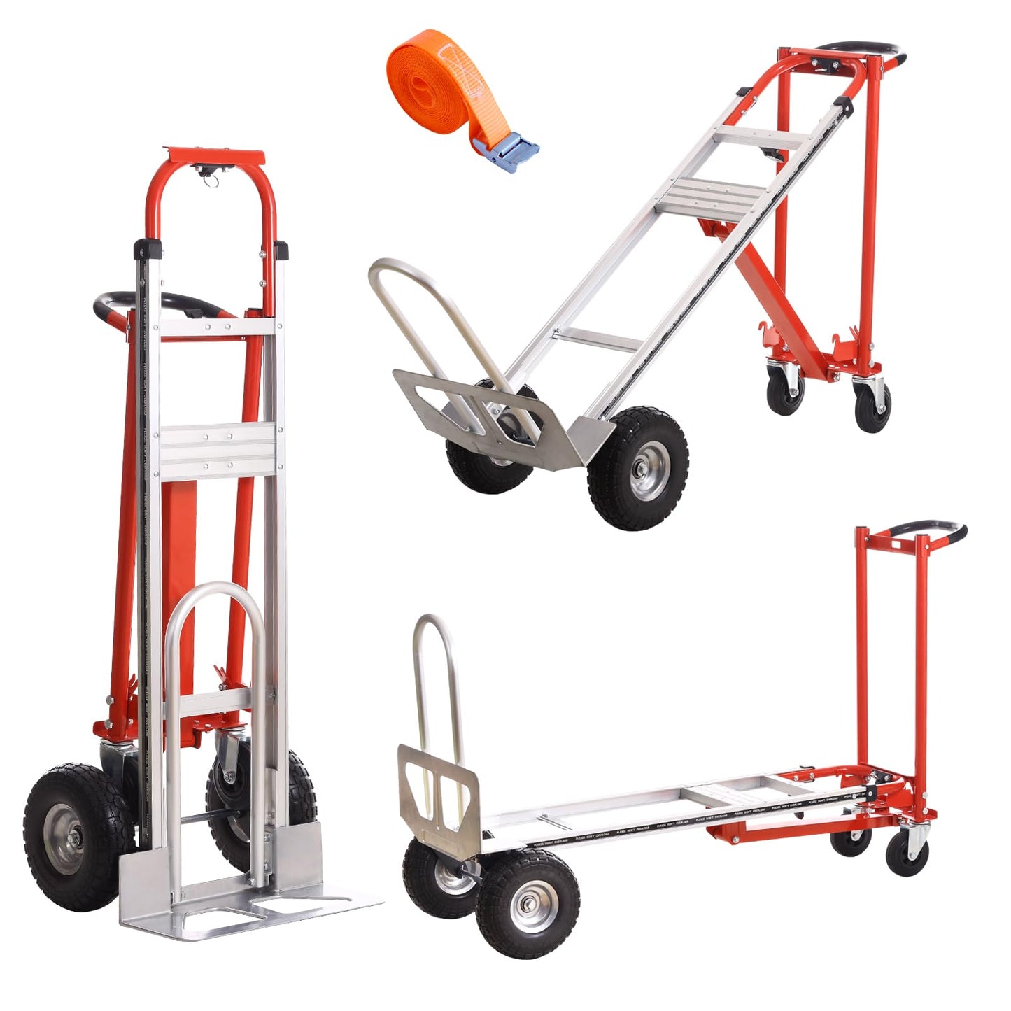 3-in-1 Industrial Aluminum Dolly Hand Truck,Convertible Hand Truck Dolly,1000 Lbs Capacity Hand Trucks Heavy Duty with PU Solid Wheels and Cargo Straps for Moving and Transport (red)