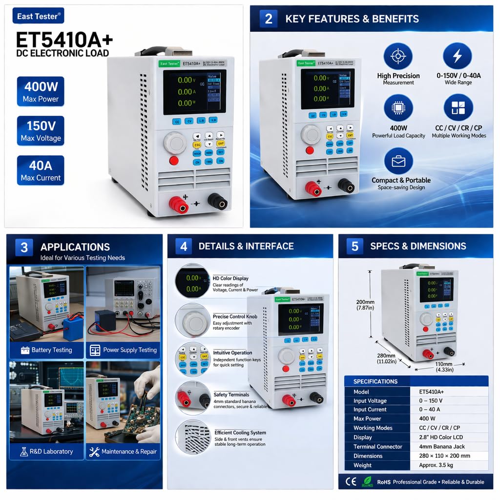 ET5410A+ Programmable DC Electronic Load Tester 400W, 0-150V/0-40A for Battery Capacity Discharge Test with USB Interface & LED Testing, Over-Voltage/Current Protection, LCD Display (Gray)