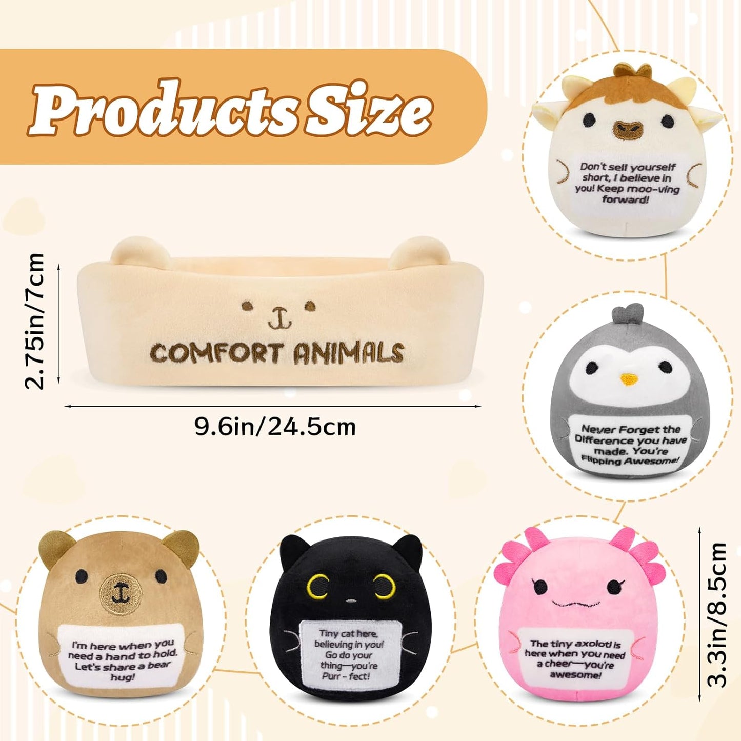 Skiennix Emotional Support Plush Animal Set - 6 Cute Stuffed Toys with Positive Messages | Soft Plushies in Basket
