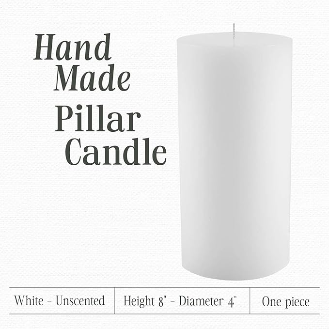 Mister Candle Non Scented Luxury 4 x 8 Pillar Candle, Hand Poured White Unscented Candle for Home Decor, Premium Paraffin Wax, Smokeless & Dripless, 160 Hour Burn Time