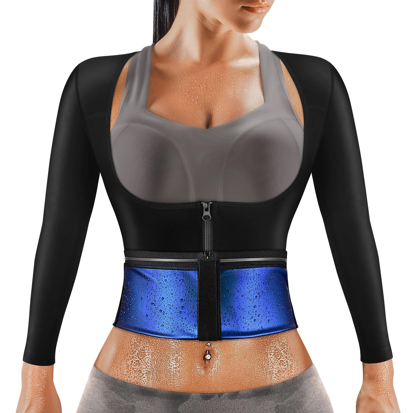 MATKAO Sauna Suit Women Sauna Shirt for Women Sweat Suit for Weight Loss Waist Trainer Vest Sauna Shirt Long Sleeve with Zipper(XL)