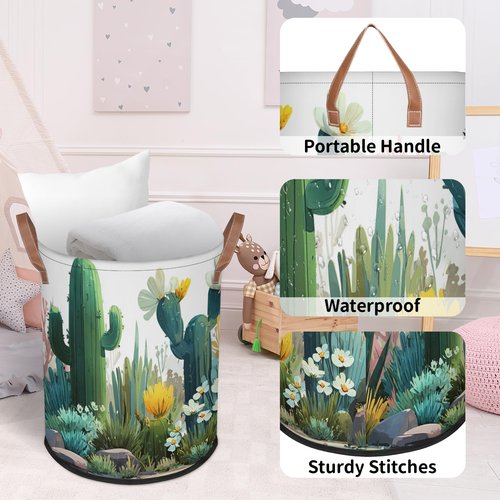 FZDXZJJ Large Round Laundry Storage Basket - Cactus Bin with Handles, Collapsible box for Home, Office, Toy Organizer, Bedroom, Living Room, Home Decor (Cactus)