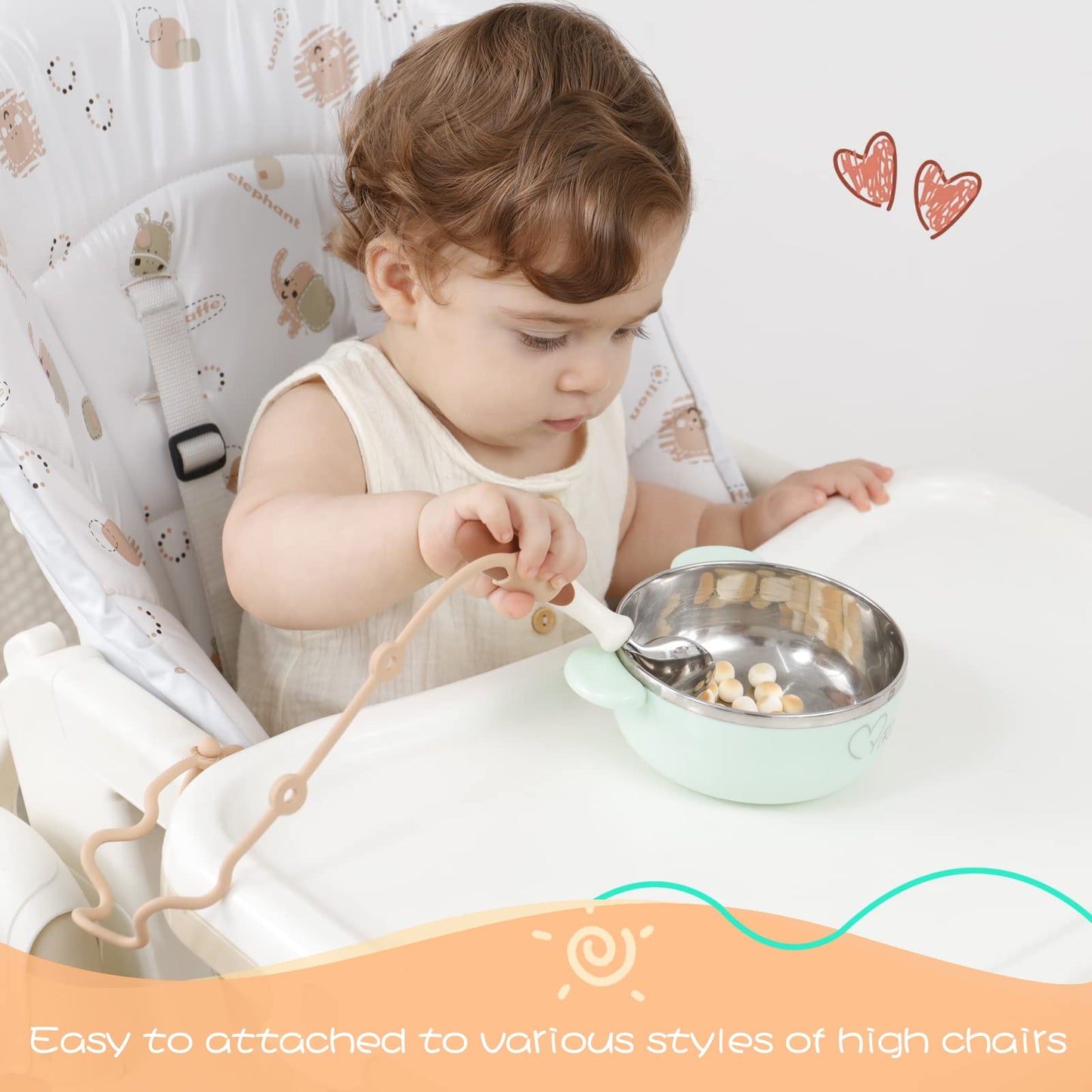 SMAutoLife Toddler Utensils，Silicone Stretch Lids for fork and spoon,Holder Strap Food Grade Silicone Keep Fork and Spoon Off The Floor Great for Baby and Kids Dishwasher Safe （Apricot and Orange)