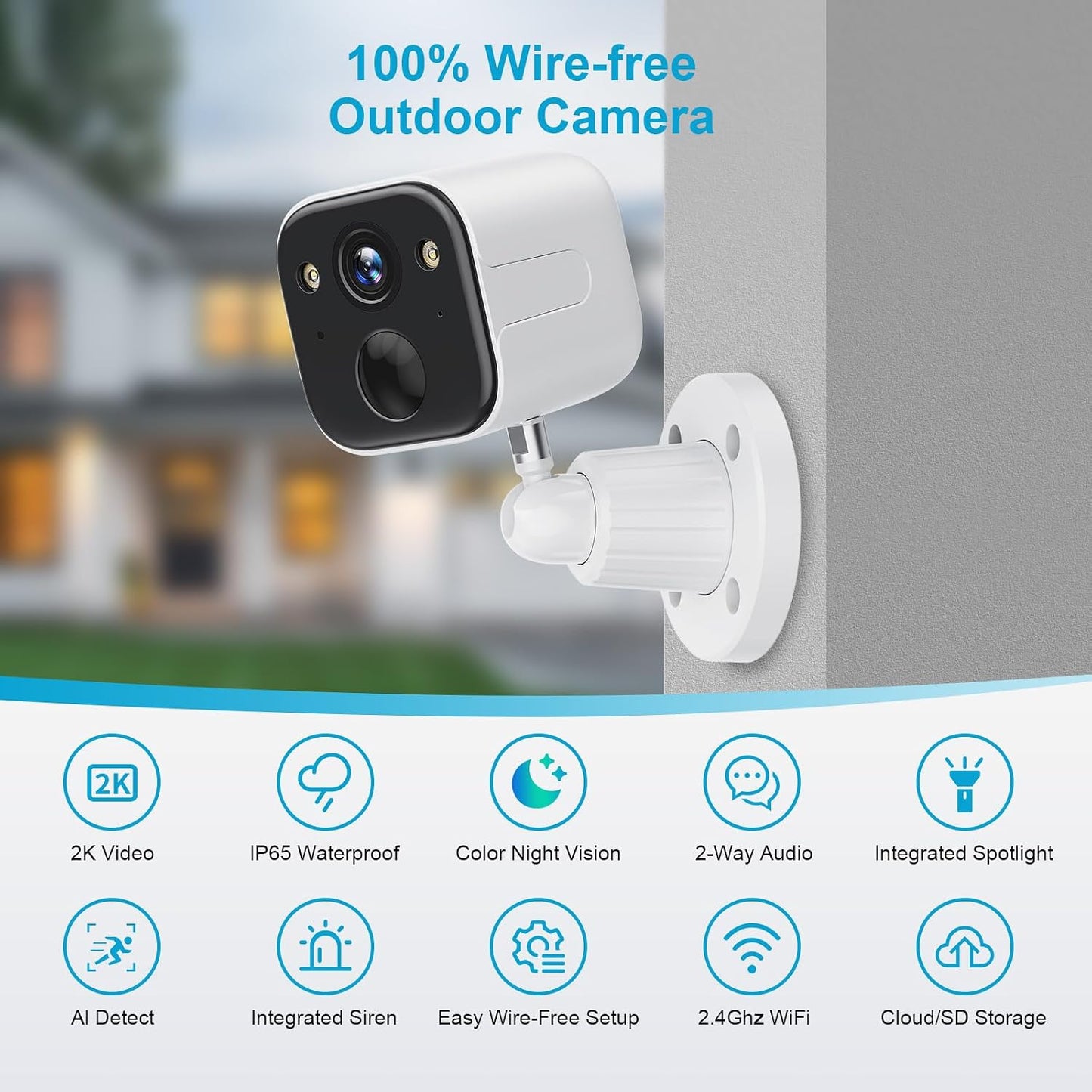 SUJTKZL 2K IP65 2-Way Security Cameras Wireless Outdoor, Battery Powered WiFi Camera for Home Security, Color Night