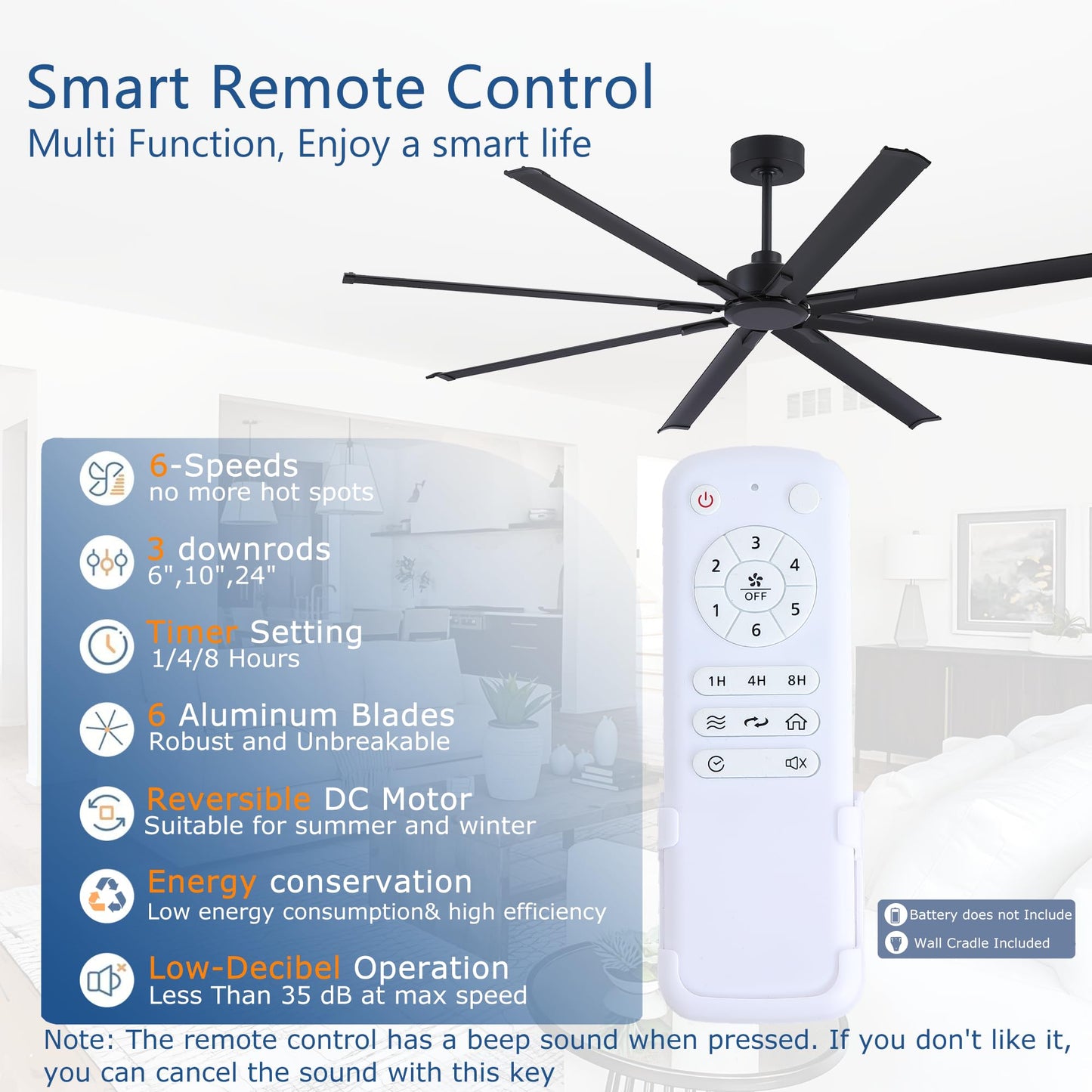 FUMLTP 84 inch Large Ceiling Fans No Lights with Remote Control,Black Modern Industrial Ceiling Fan for Garage Living Room Patio Farmhouse, 6 Speed Reversible Quiet DC Motor, Timer, 8 Blades.