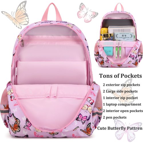 JIANYA Girls Backpack for School Elementary Kids Bookbag School Bag with Lunch Box, Butterfly Pink