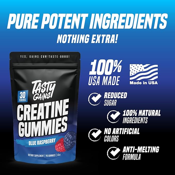Creatine Gummies - 90g of Creatine Monohydrate - Workout Supplements - Build Muscle & Boost Strength for Men & Women - Made in USA - Non GMO - Vegan Friendly (Large, Blue Raspberry)