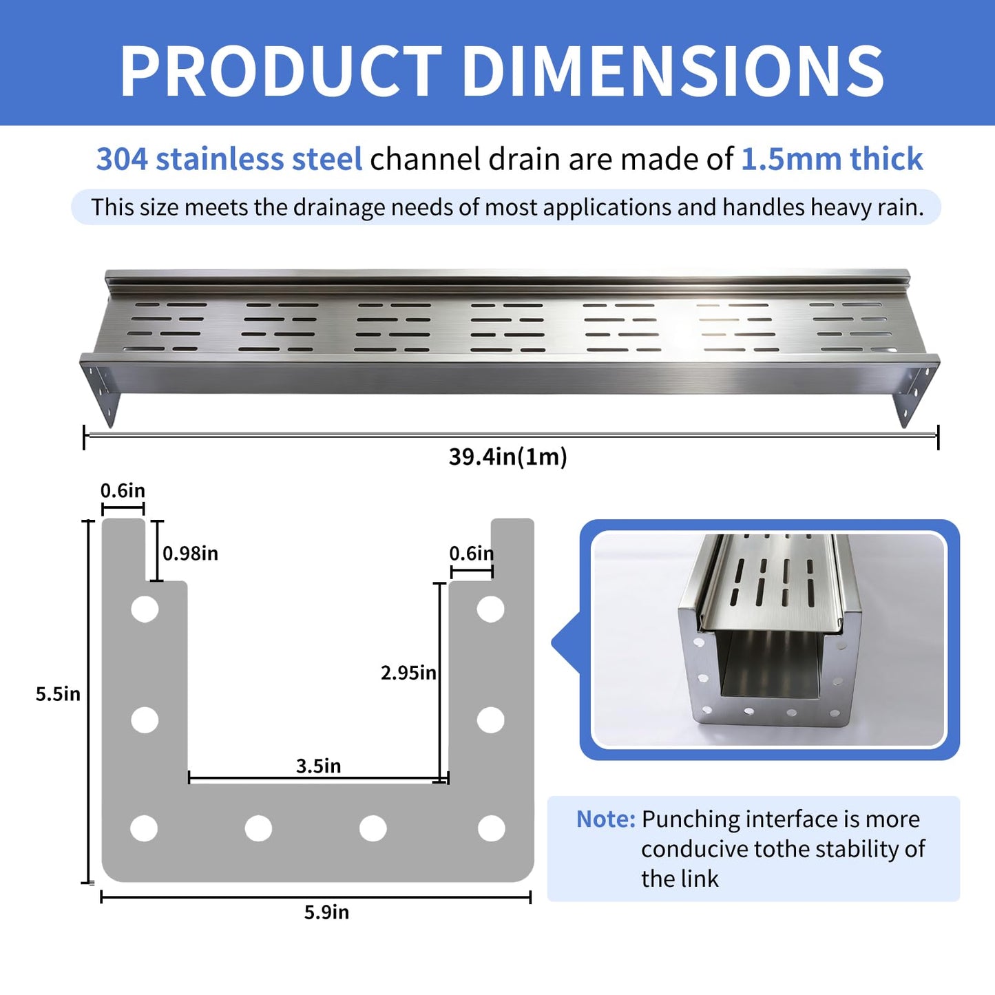 304 Stainless Steel Channel Drain with Pebble Cover–Heavy-Duty Rustproof Channel Drain Kit, Decorative Landscape Trench Drain System for Patio, Yard, Garden Paths, Walkways & Outdoor Drainage.