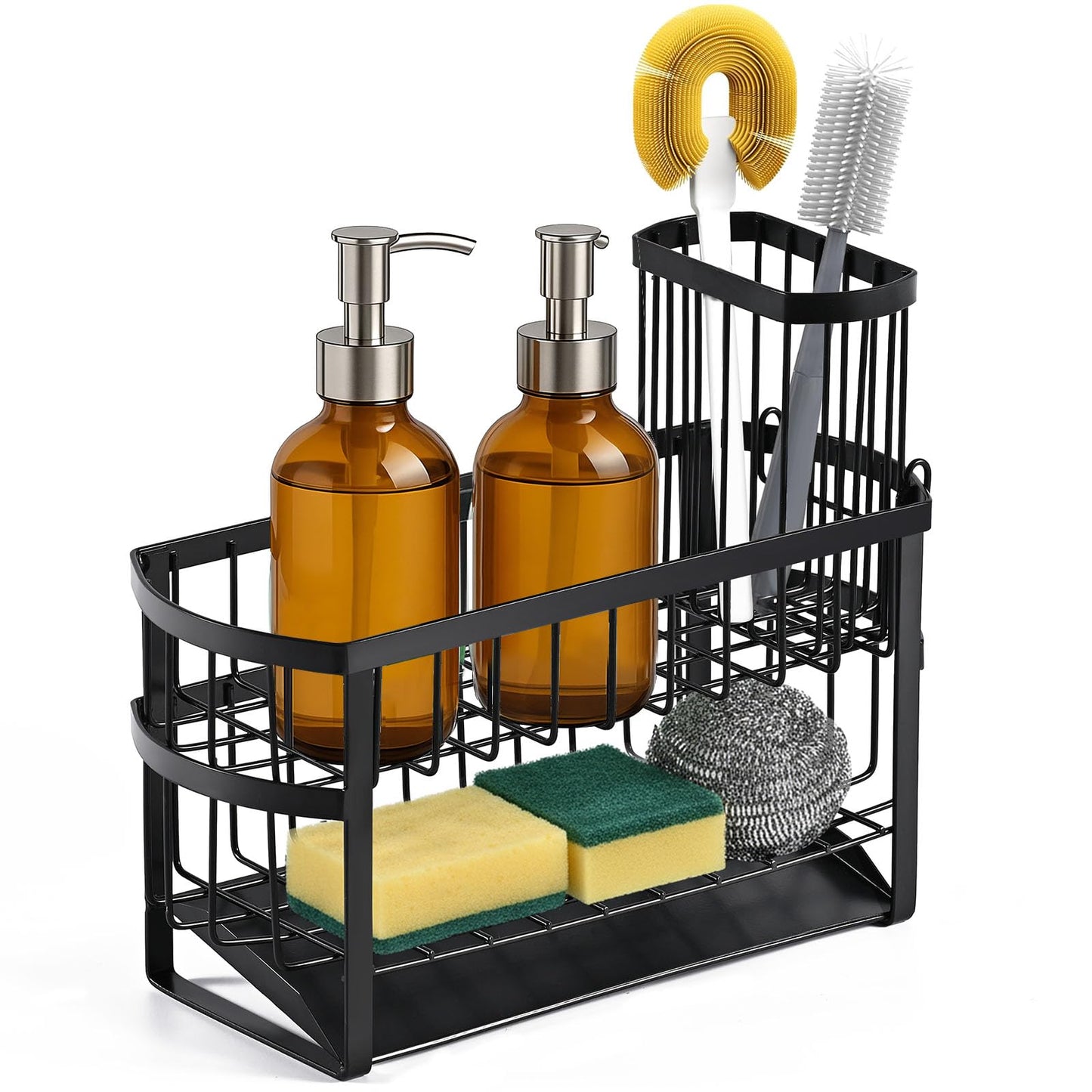 UEFFNR Kitchen Sink Organizer Caddy, 2 Tier Sink Caddy Organizer with High Brush Holder, Rust-Proof Countertop Rack (Black 10.6 * 4.3 * 5.7") for Kitchen Accessories & Dish Brushes