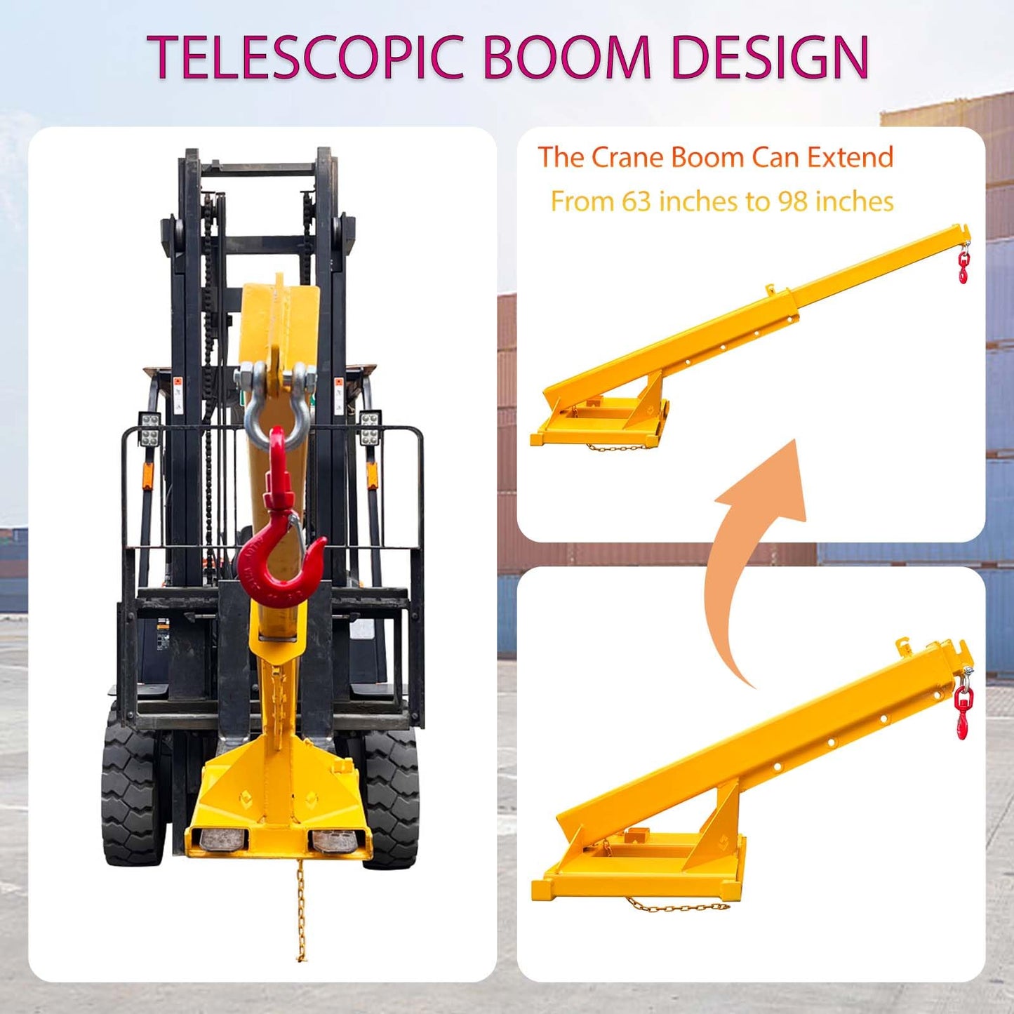 JARYANNIX 6600LB/3T Loading Capacity Adjustable Forklift Jib Boom Crane, Mobile Crane Lifting Hoist, Forklift Extension Attachment, Telescoping Boom Hook with 63"-98" Extension