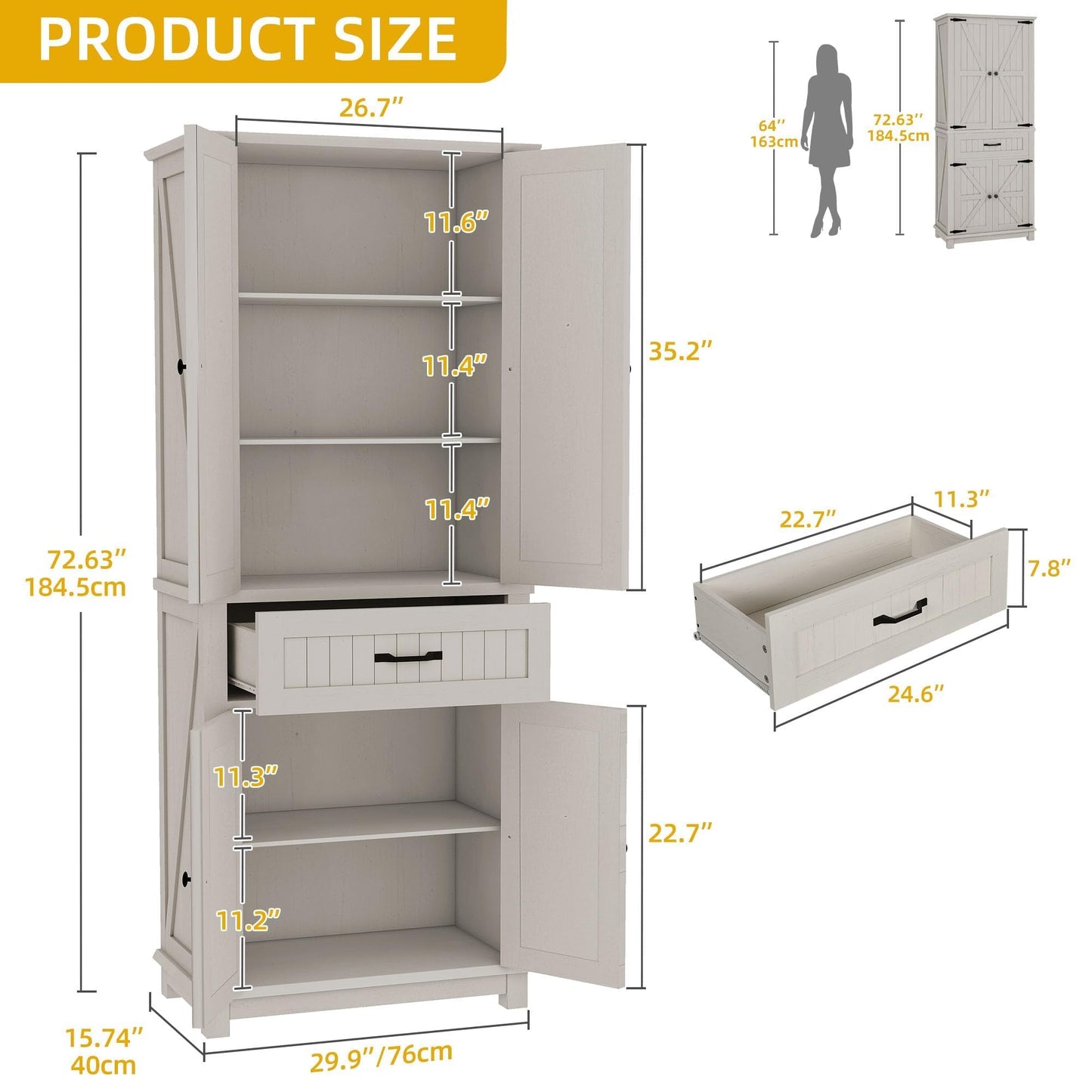 DWVO 72" Tall Farmhouse Pantry Cabinet, Kitchen Storage Pantry with Barn Doors & Drawer, Versatile Organizer with Adjustable Shelves, Rustic Cupboard for Dining Room, Living Room, White Oak