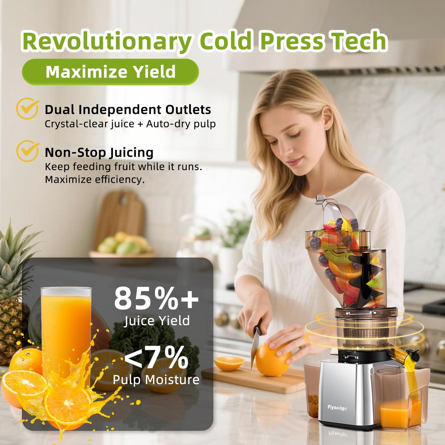 Flyseago Commercial 300W Cold Press Juicer Machines - Dual Outlet for Juice & Pulp, High Yield, Masticating Juicers, Heavy Duty Stainless Steel, Quiet Motor, Easy Clean for Restaurants, Bars