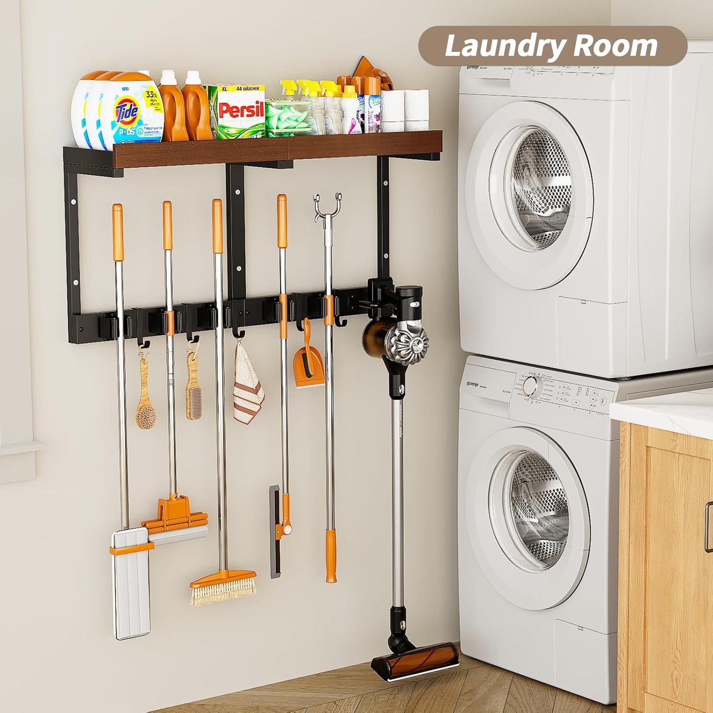 Skiennix Broom Holder Wall Mount - Versatile Cleaning Supplies Organizer with Mop Hanger & Gripper Hooks | Ideal for Home, Garage, Kitchen
