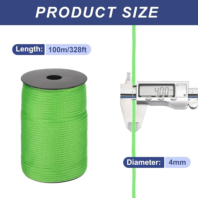 MECCANIXITY 5/32 Inch Polypropylene Rope Braided Ropes, 328ft Camping Rope Hollow Utility Cord for Clothesline, Hiking, Outdoor, Light Green