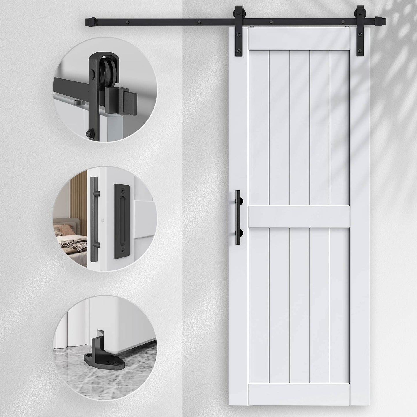 EaseLife 30 x 84 inch White Barn Door with 5.5FT Sliding Door Hardware Kit Included & Handle,Solid Wood Covered with Waterproof PVC Surface,DIY Assemblely,Easy Install,H-Frame,Fit 26-28in Wide Opening