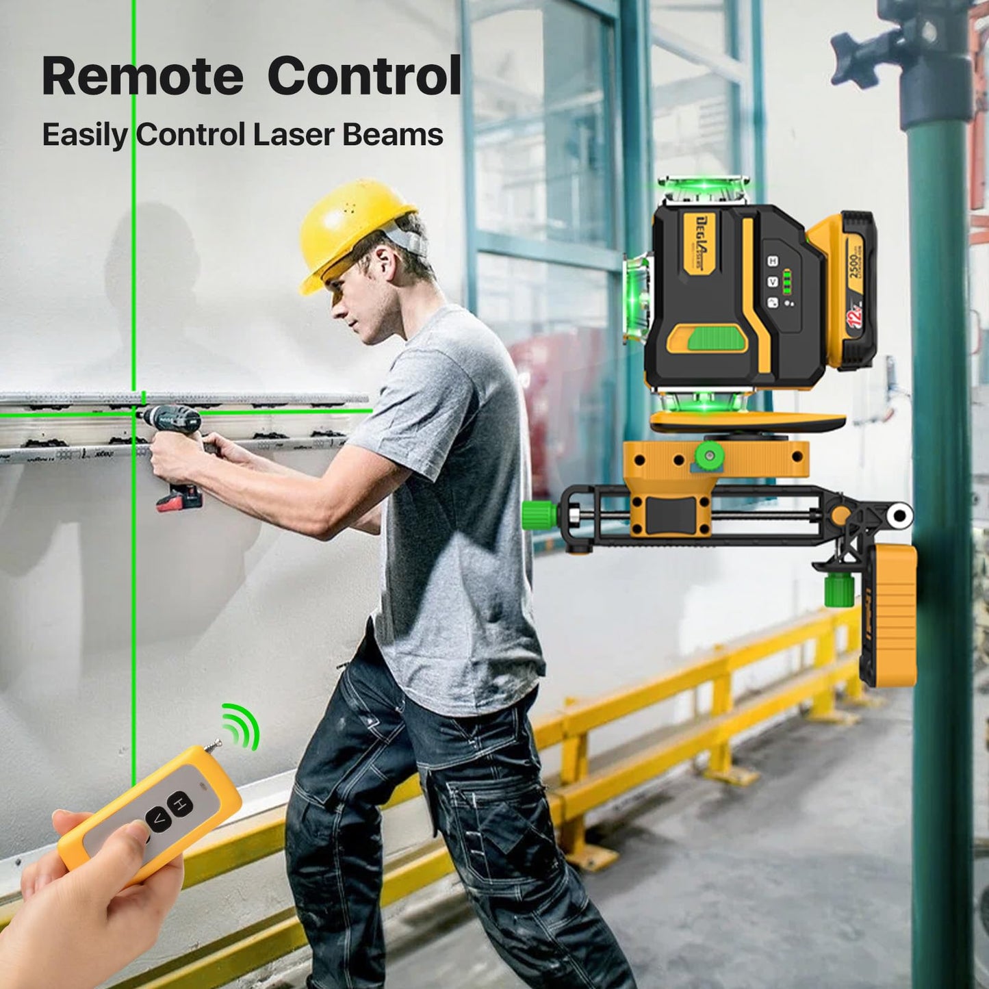 Laser Level 360 Self Leveling,DEGLASERS 4x360 Green Laser Level with 12V Rechargeable Battery(40 Hrs),Remote Control, Magnetic Rotating Stand,Hard Carry Case for Construction