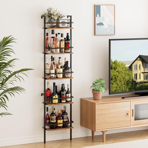 Heakrit 5-Tier Wine Rack Wall Mounted, Wine Racks Freestanding Floor with Fences, 50 Bottles Wine Bottle Holder Liquor Cabinet Bar Shelves for Home, Kitchen, Dining Room (Brown)
