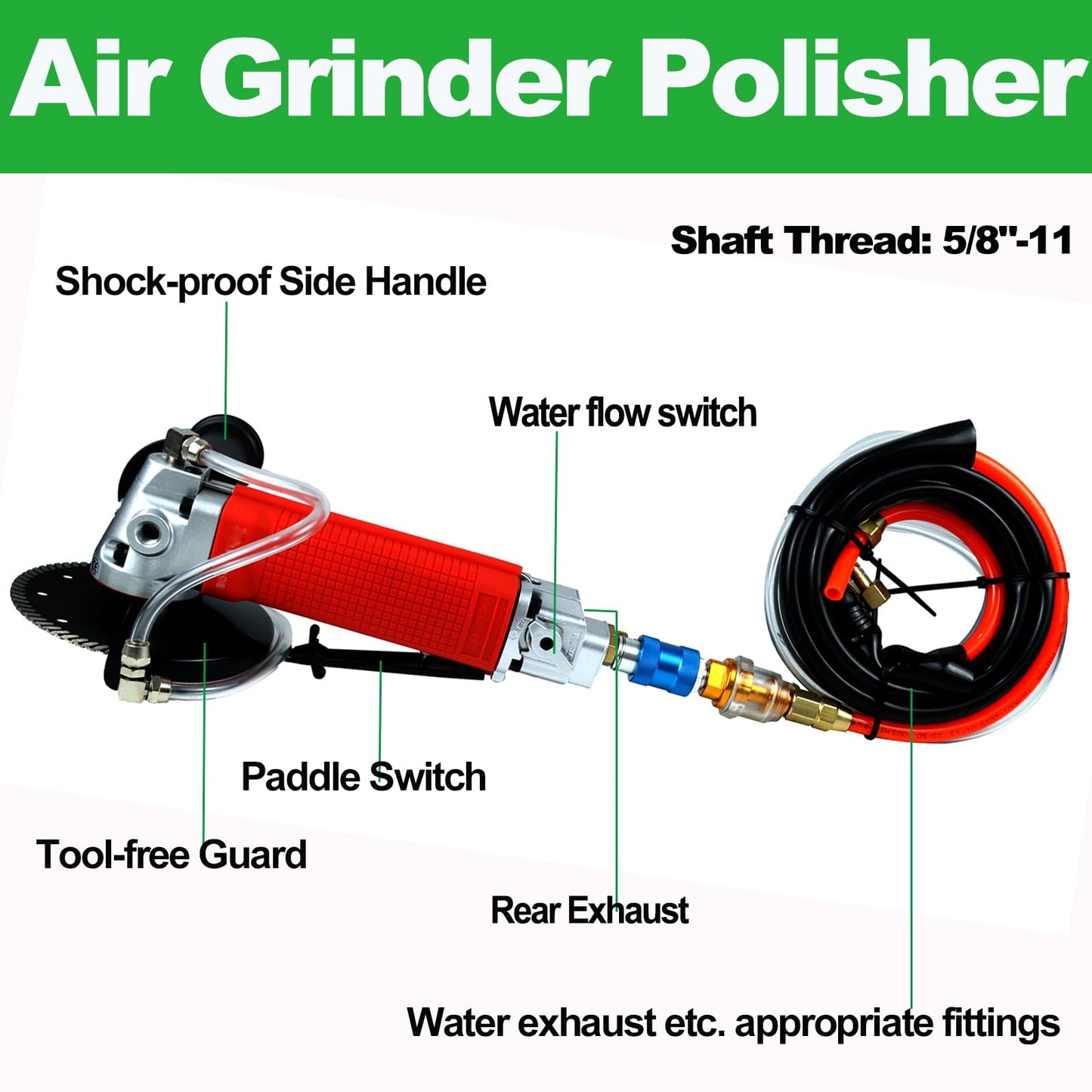 Air Wet Polisher Variable Speed 5'' Concrete Angle Grinder Tools with with Grinding and Cutting Wheels, Wet Grinder Machine for Cutting, Grinding, Polishing and Rust Removal