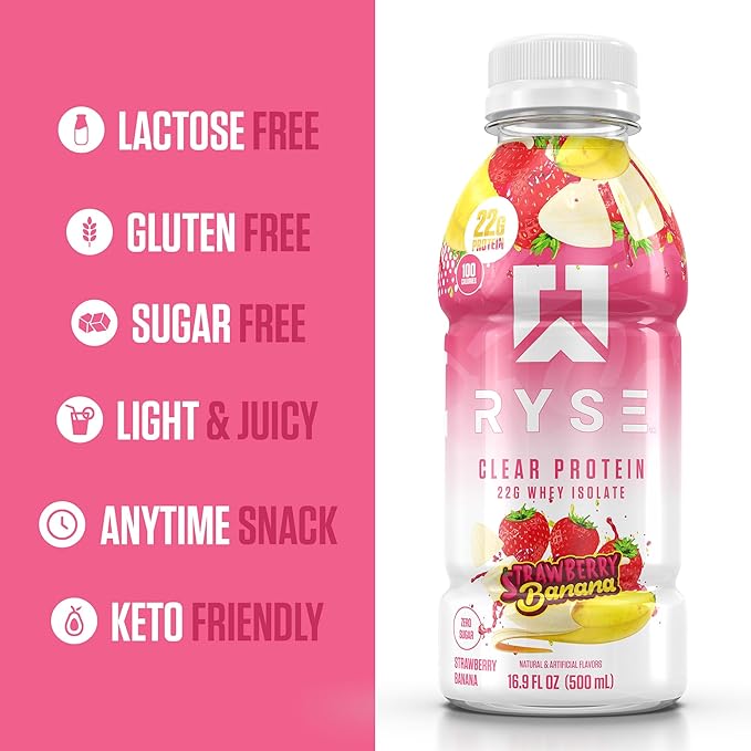 RYSE Clear Protein Shake - Strawberry Banana - 100 Calories, 22g Whey Isolate Protein, Sugar-Free, 0g Fat & Lactose-Free - Refreshing Ready-to-Drink Beverage - 16.9 fl oz Bottles (12-Pack)