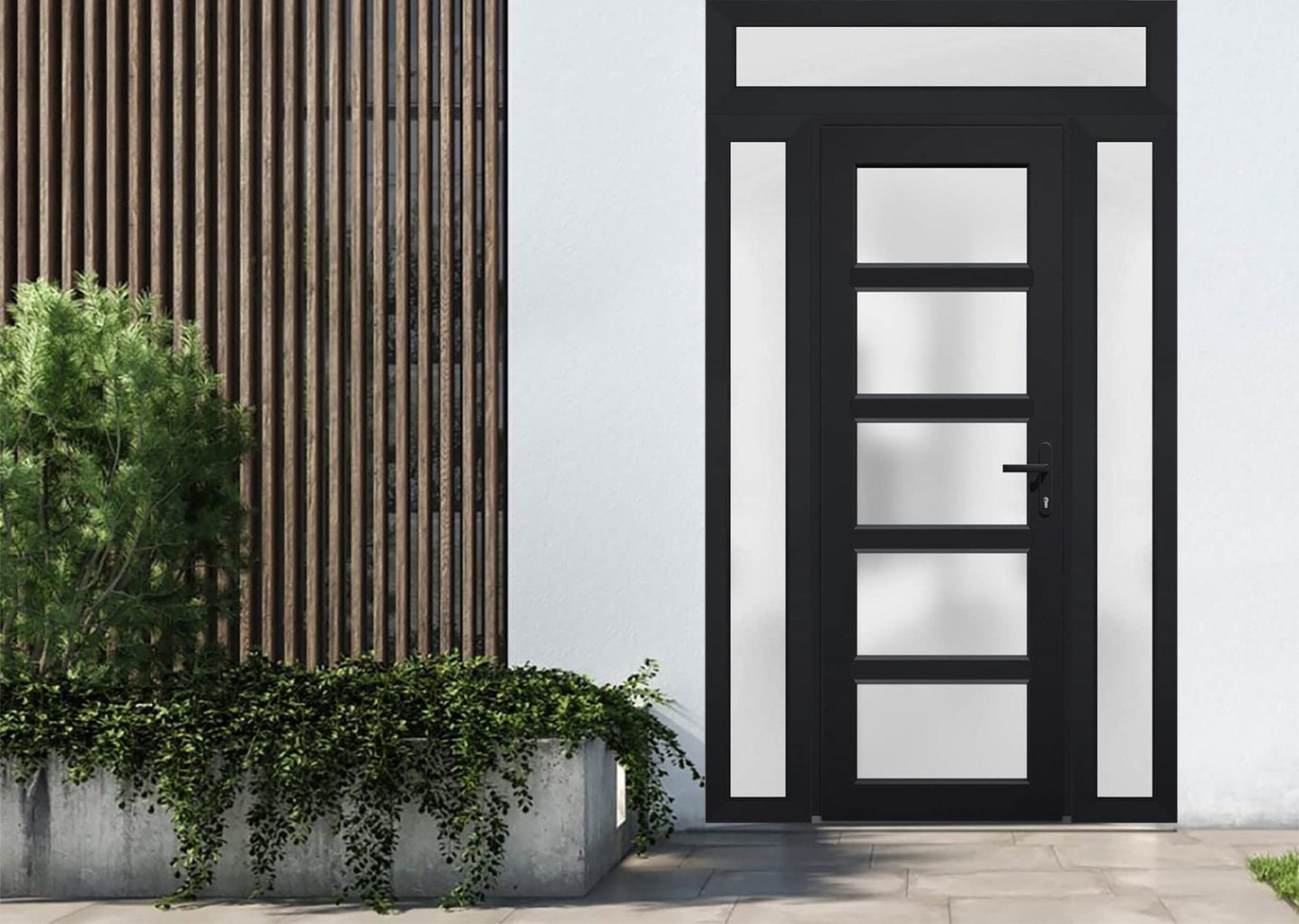 VDOMDOORS Front Exterior Prehung Fiberglass Door Frosted Glass/Manux 8002 Matte Black / 2 Side and Top Exterior Window/Entrance Patio Garage-W14+36+14" x H80+14"-Left-Hand Inswing