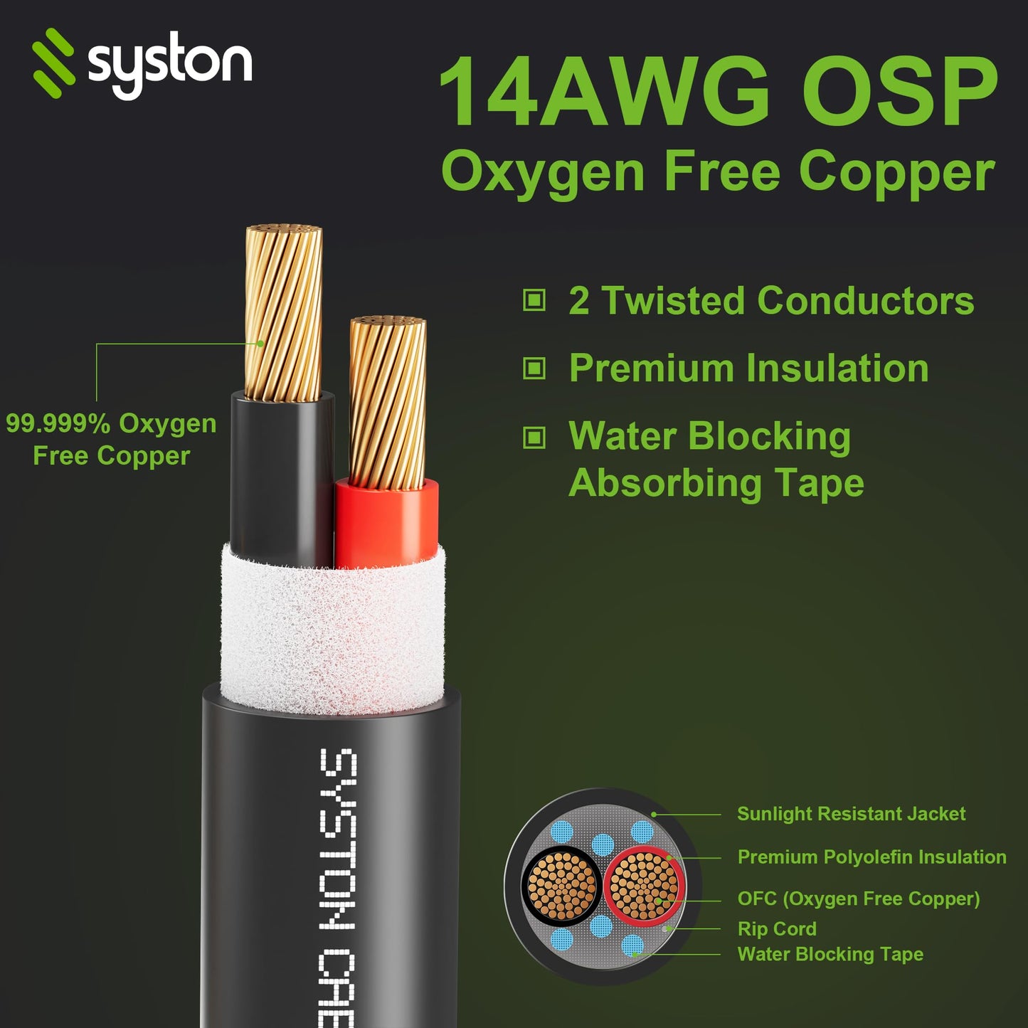 SYSTON 14/2 Audio Speaker Wire Cable, Indoor/Outdoor Direct Burial in Wall/in Ground, 14 Gauge 2 Conductors OFC Stranded Bare Copper Sunlight Water Resistant RoHS Compliant Bulk Cable, Black 250 FT