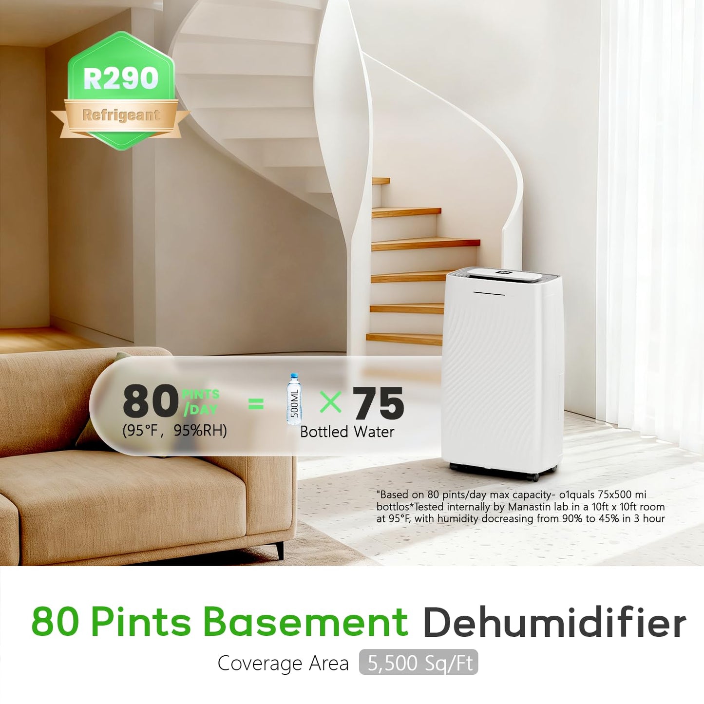 Manastin 5500 Sq.Ft Dehumidifier for Basement with Drain Hose, 80 Pints/Day (Standard 50 Pint), Energy Efficient Dehumidifier with Air Purifier Combo, Timer & Child Lock, for Large Room, Home, Garage