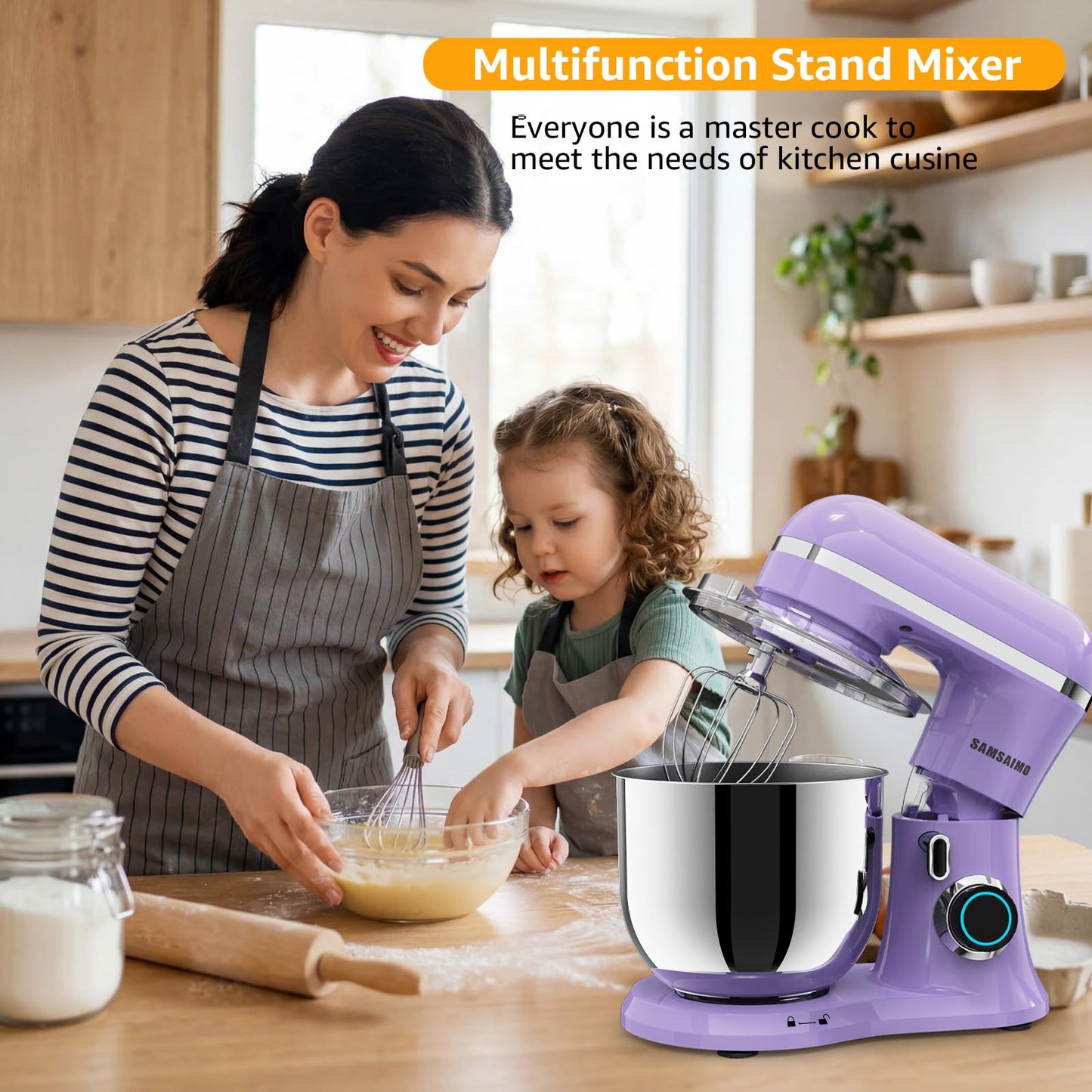 SAMSAIMO 3-IN-1 Electric Stand Mixer, 10-Speed With Pulse Button, Attachments include 6.5QT Bowl, Dough Hook, Beater, Whisk for Most Home Cooks (Purple)