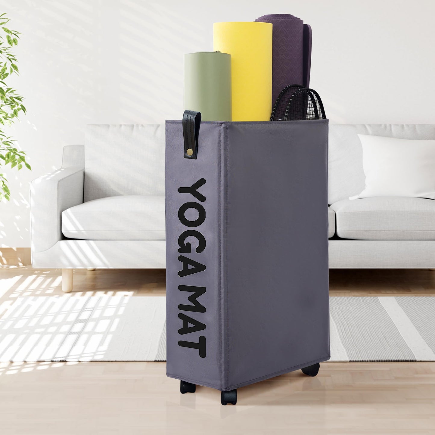 Caroeas 22 inches Yoga Mat Storage Basket, Large Yoga Mat Holder Accessories, Home Gym Equipment Storage Yoga Mats, Women Men Workout Equipment Organization with 4 Wheels, Dark Gray