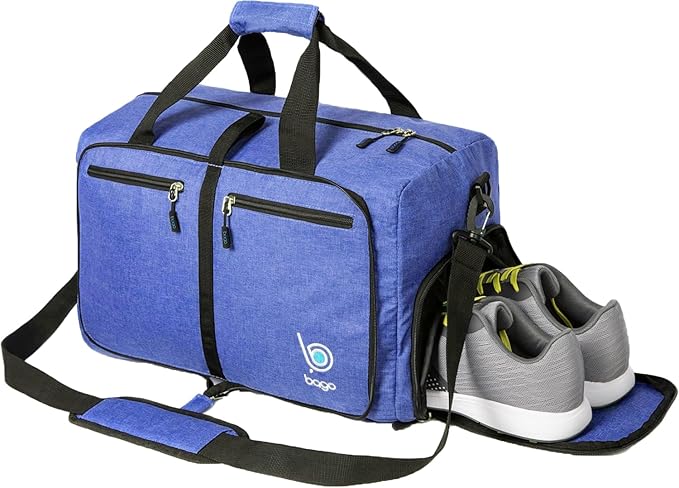 Bago Large Foldable Duffel Bags for Traveling Women & Men - 80L Packable Duffle Bag for Travel with Shoe Compartment - Water Repellant, Heavy Duty, Lightweight Folding & Collapsible (SnowDepBlue)