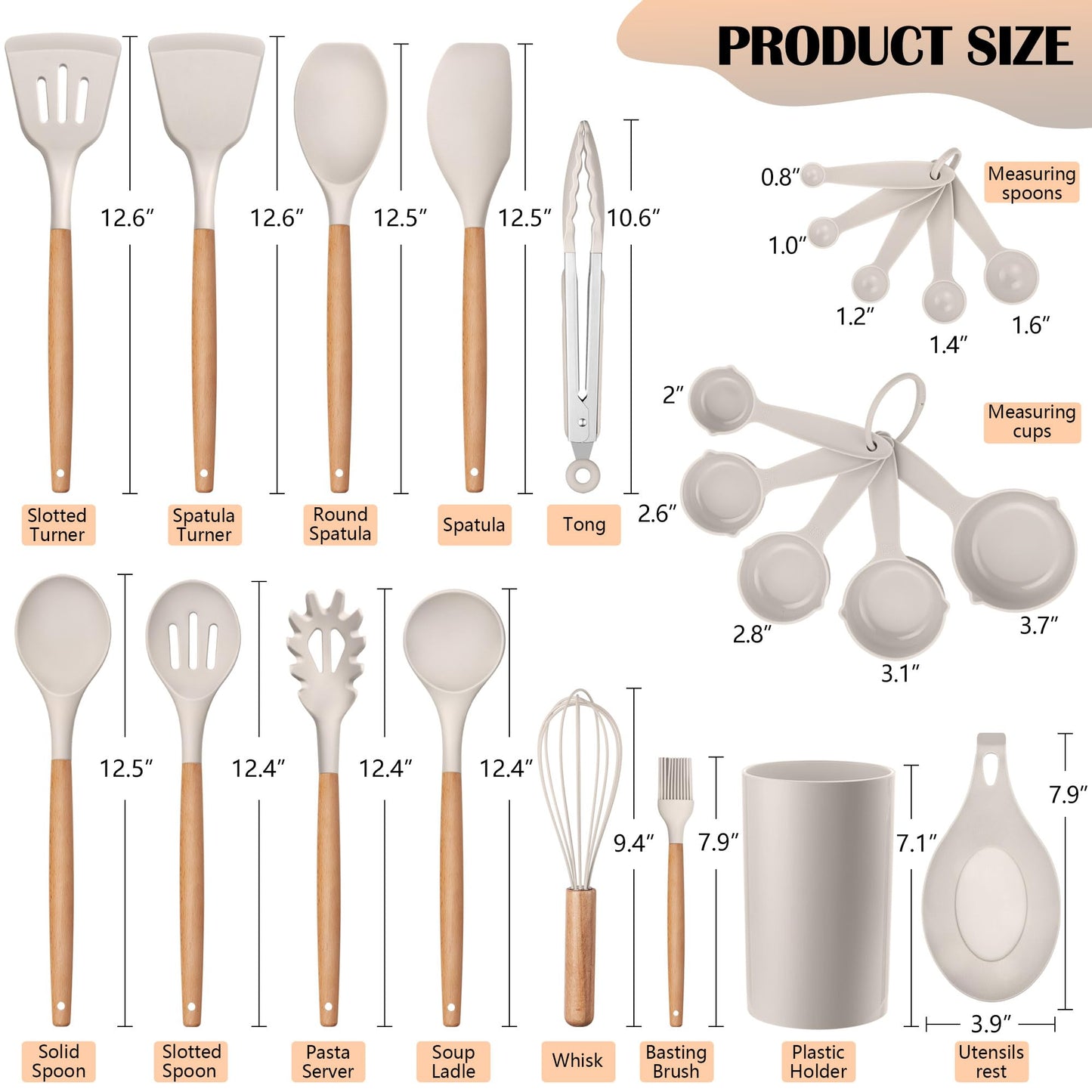 HaWare Kitchen Cooking Utensils Set, 23-Piece Silicone Kitchen Utensils Spatula Set with Holder, Heat Resistant Wooden Handle Kitchen Gadget for Nonstick Cookware, Food-grade Turner Spoon Sets (Khaki)