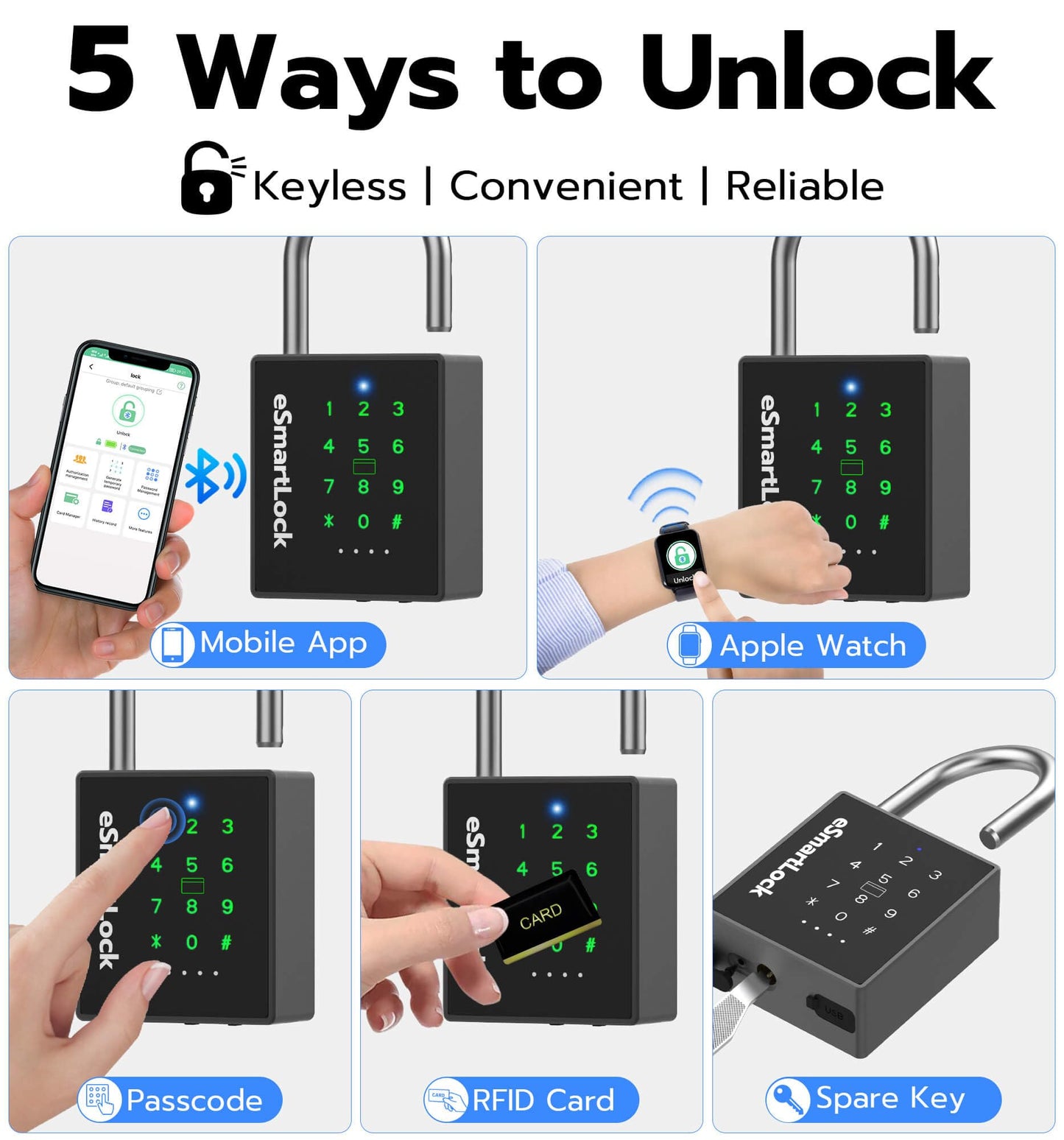 eLinkSmart Heavy Duty Smart Padlock with Key, Pad Lock with Code Keypad, Weatherproof Bluetooth RFID Keyless Electronic Digital Combination Lock for Gate Outdoor Fence Storage Unit Locker Shed Pool