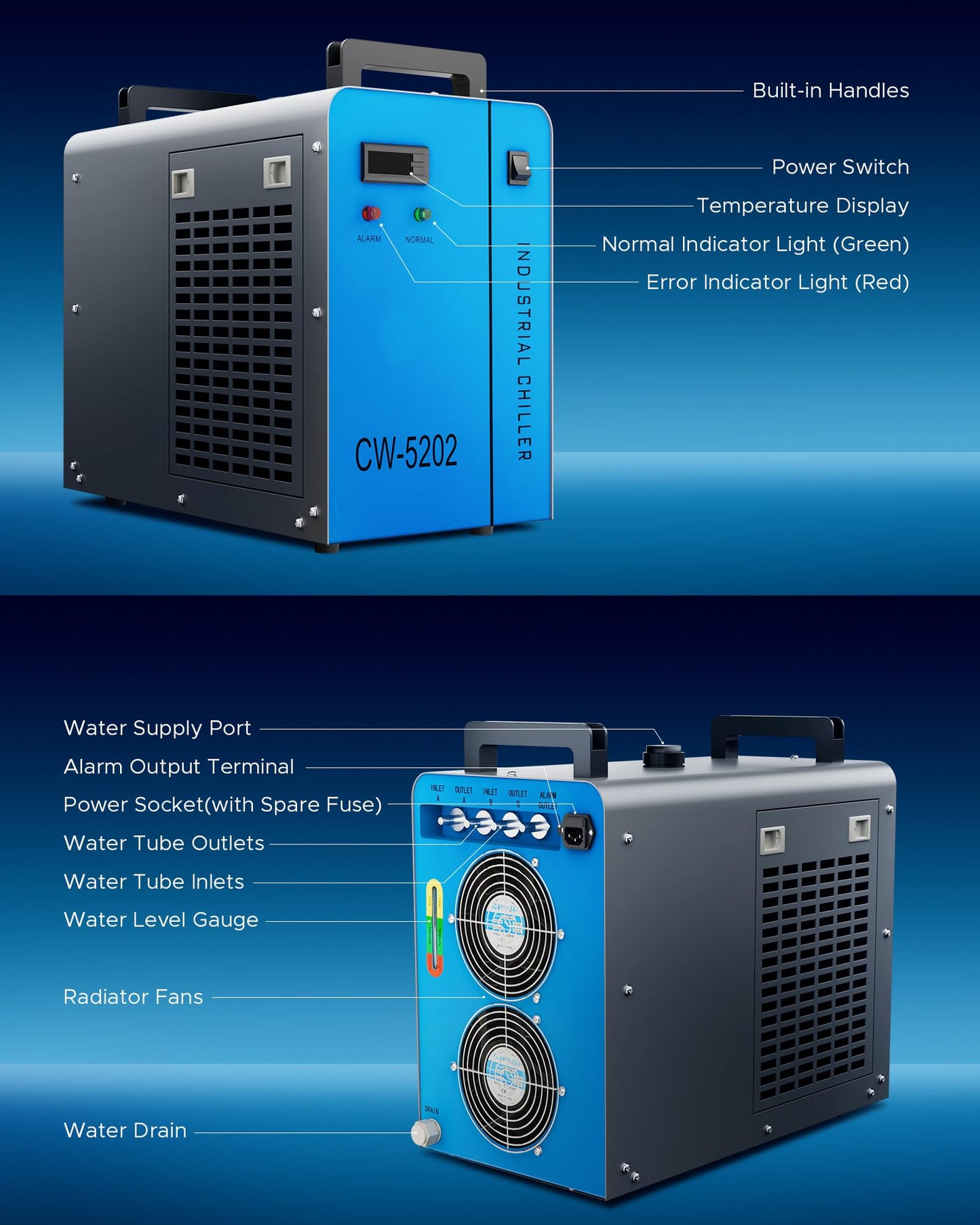 OMTech 6L Dual Industrial Water Chiller 0.9hp 3.2gpm 2 Inlets & Outlets Powerful Water Cooling System CW-5202 Water Cooler to Chill Two 60W 70W 80W 90W 100W 120W 150W CO2 Laser Engraving Machines