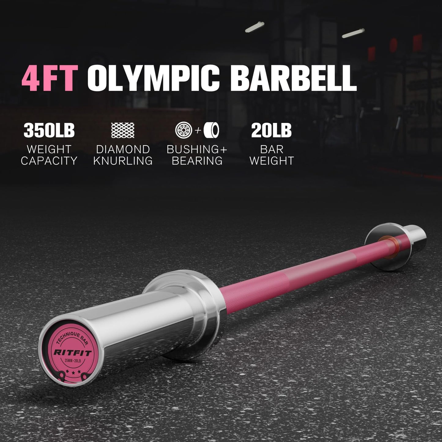 RITFIT Olympic Barbell 4ft/6ft - 2 Inch Weight Bar for Strength Training, Weightlifting, Squat, Deadlift, Bench Press, Curl, Overhead Press - 350lbs/500lbs Capacity 4FT Pink
