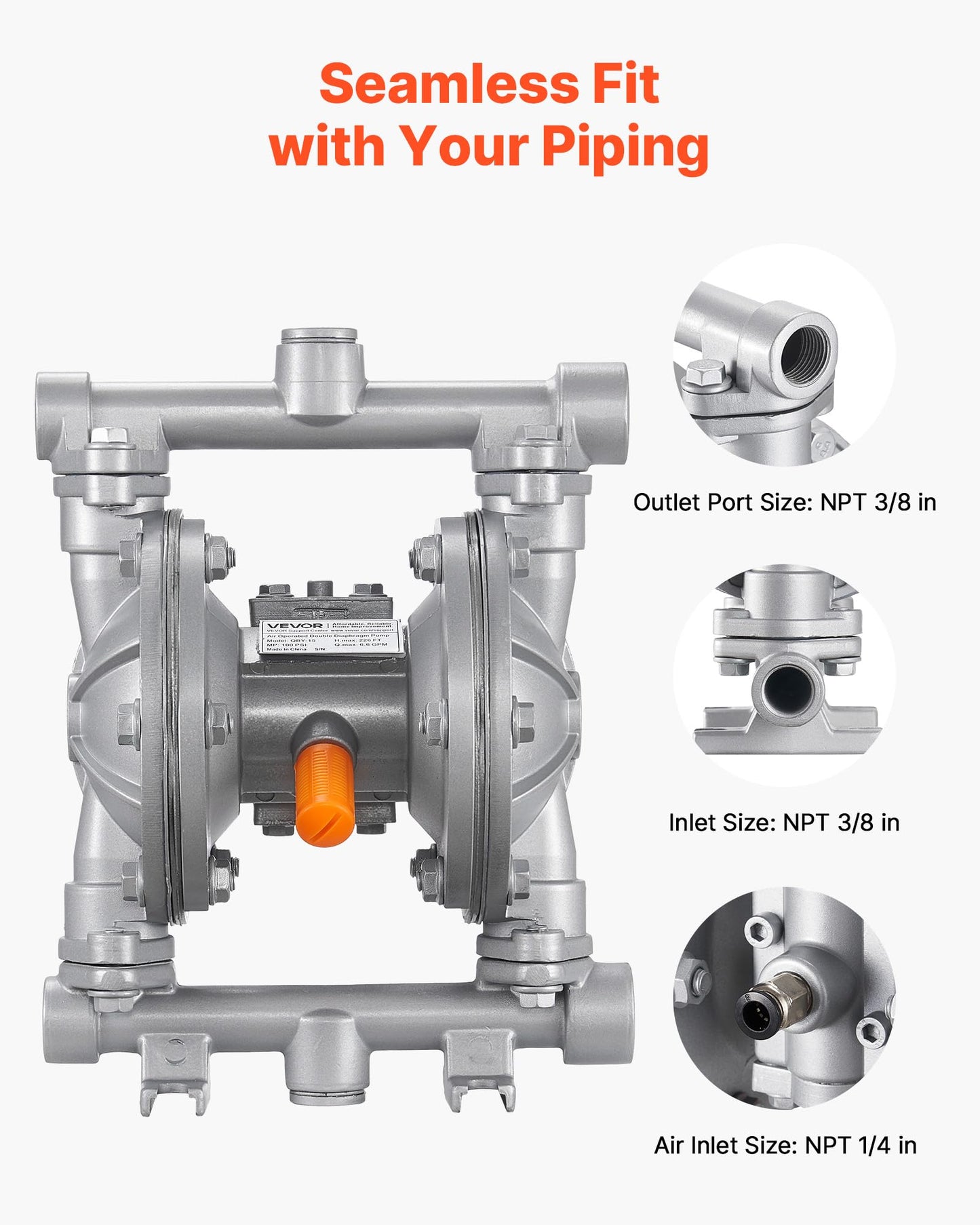 VEVOR Air Operated Double Diaphragm Pump, 6.6 GPM, 3/8 inch Inlet & Outlet Pneumatic Waste Oil Transfer Pump, Max 100 PSI, Aluminum Alloy Body, Air-Operated for Diesel, Grease, Kerosene, Gasoline