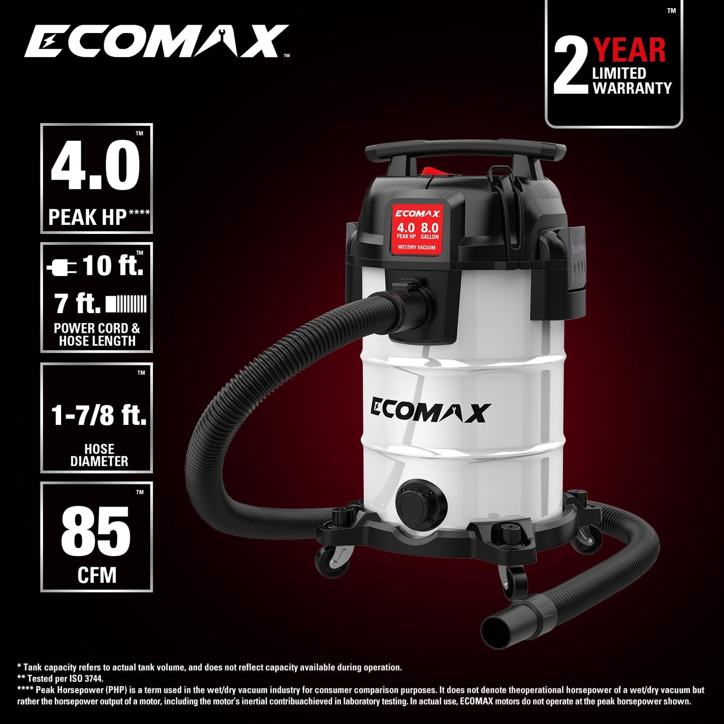 ECOMAX 8 Gallon Ultra-Quiet Shop Vacuum Wet and Dry, Stainless Steel Shop Vac with 80% Noise Reduction, 3X Longer Motor Life, 4 Peak HP Suction, Complete Accessory Kit for Garage, Workshop & Home