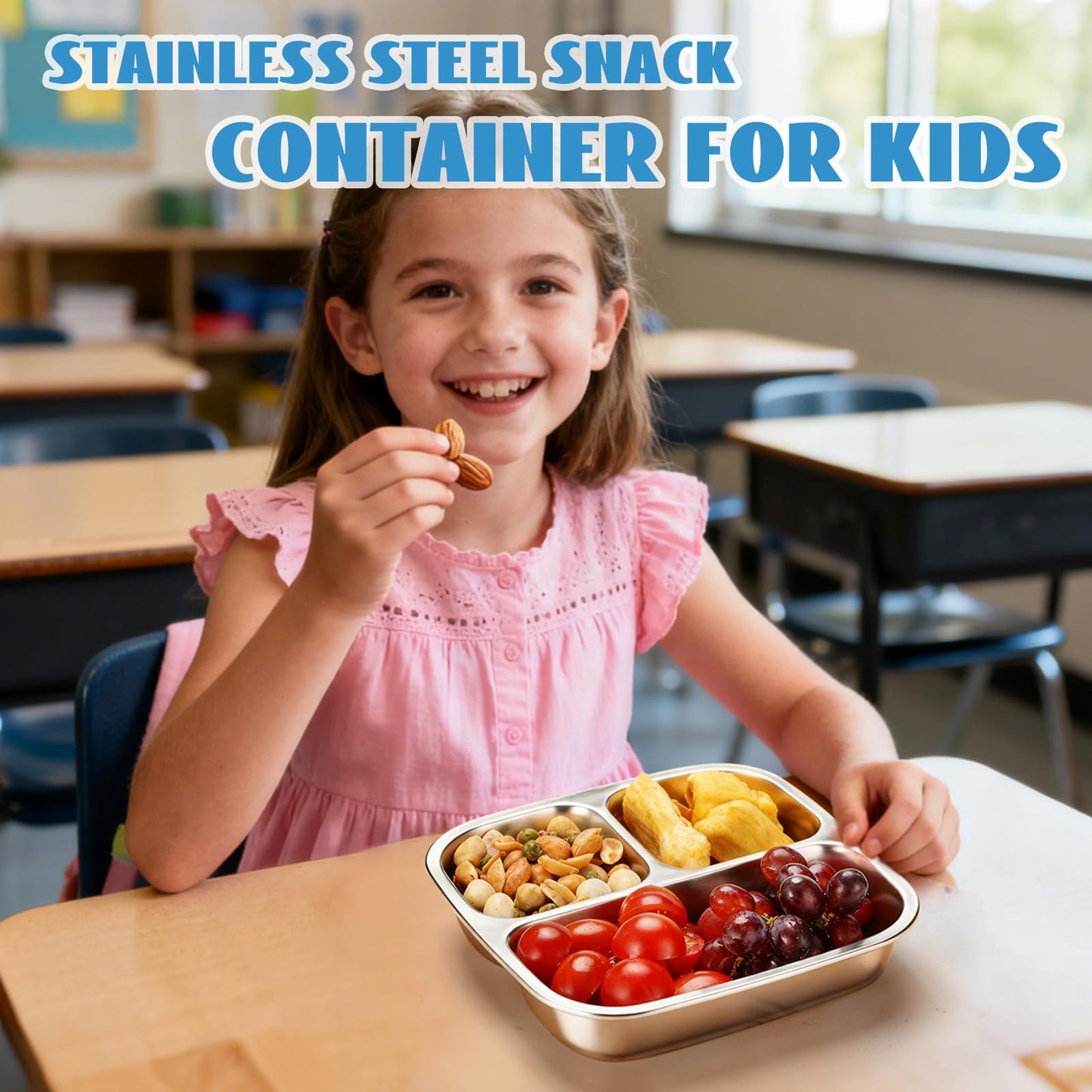 DOCMON Stainless Steel Snack Containers, 3 Compartments Reusable on and go Bento Box with Lids for Kids, Lunch Box Pre Meal Storage for School Office Outdoor Camping Travel - Blue