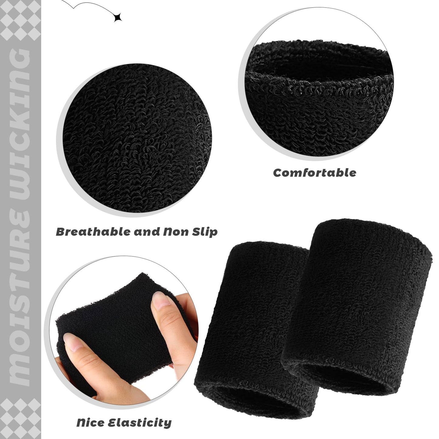 Bememo 24 Pcs Wrist Sweatbands Bulk Sports Wrist Bands for Men Women Breathable Athletic Tennis Wristbands Stretchy Absorbent Cotton Terry for Basketball, Baseball, Gym, Working Out(Black)