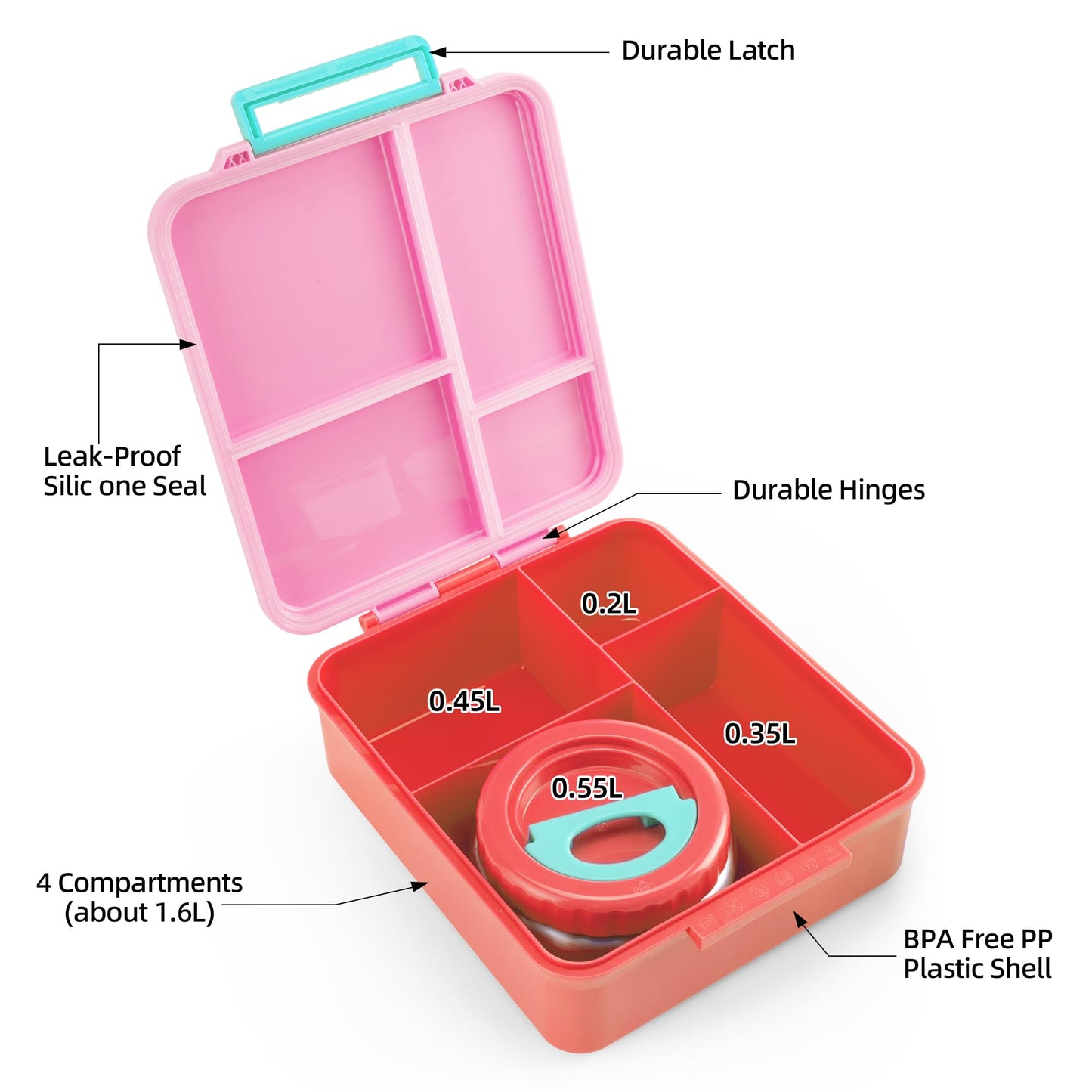 Bento Lunch Box for Kids With 8oz Soup Thermo,Leak-proof Lunch Containers with 4 Compartment,Thermo Food Jar, Food Containers for School(Vermilion)