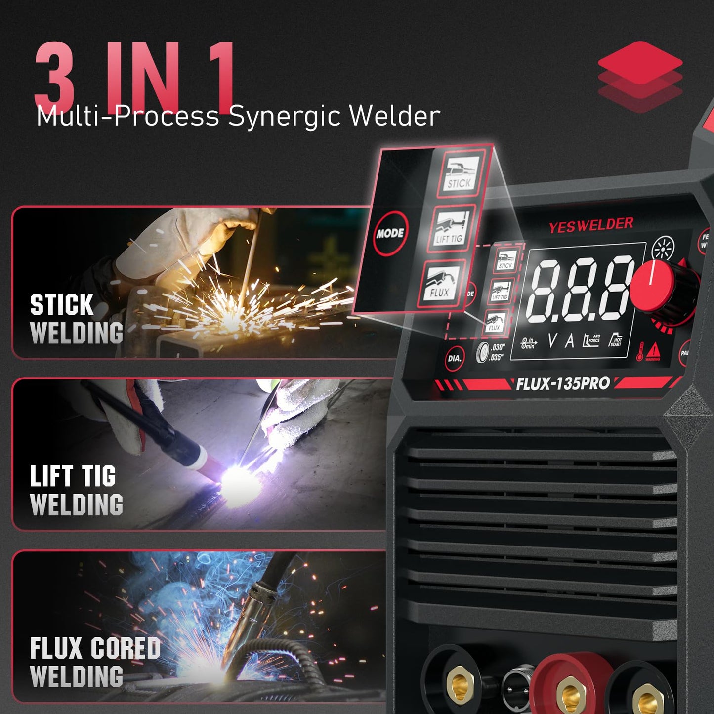 YESWELDER 135Amp Flux Core MIG Welder FLUX-135PRO,110V Flux Core MIG/Lift TIG/Stick 3-in-1 Digital Display Welding Machine & LYG-L600A Auto Darkening Blue Light Blocking Welding Helmet