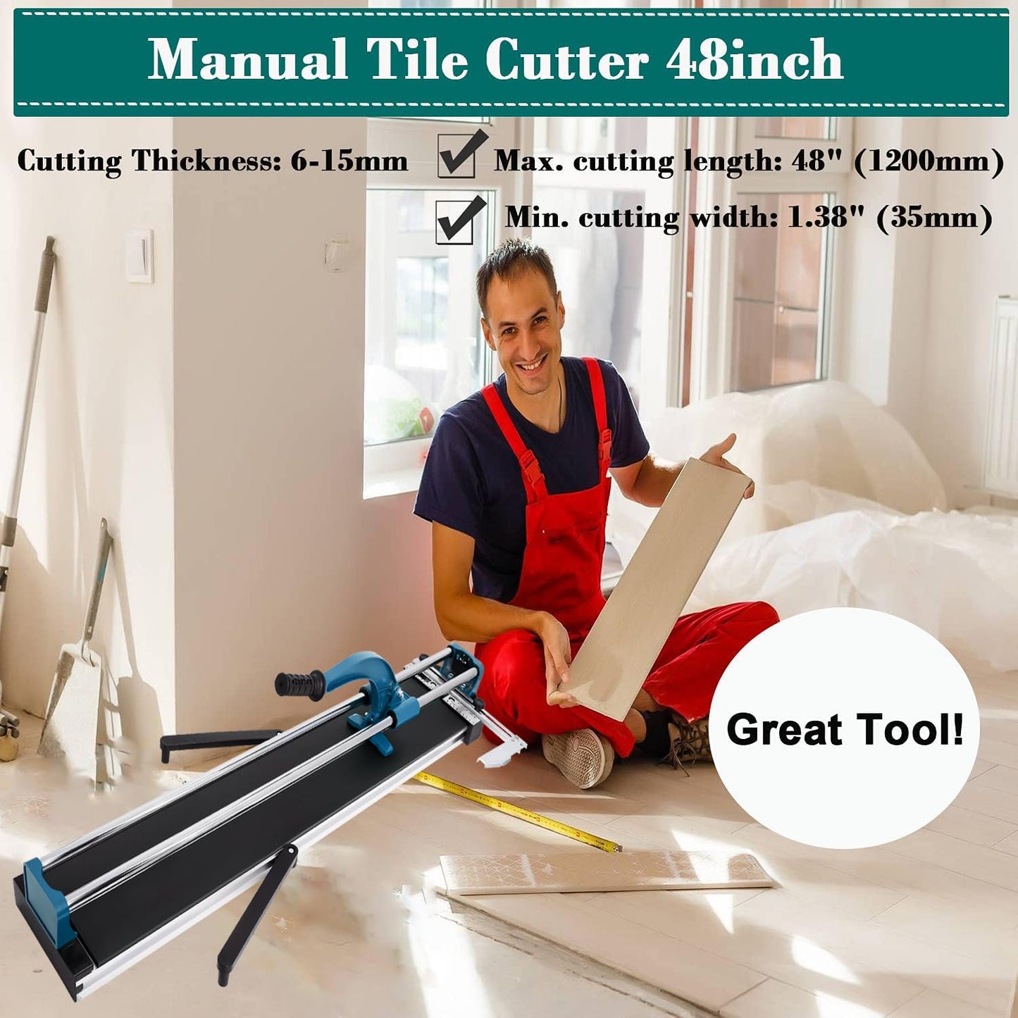 48-Inch Manual Tile Cutter, Laser Guided Precision, Tungsten Carbide Cutting Wheel, Ideal for Porcelain and Ceramic Tiles, Durable All-Steel Construction, Tile Cutting Machine