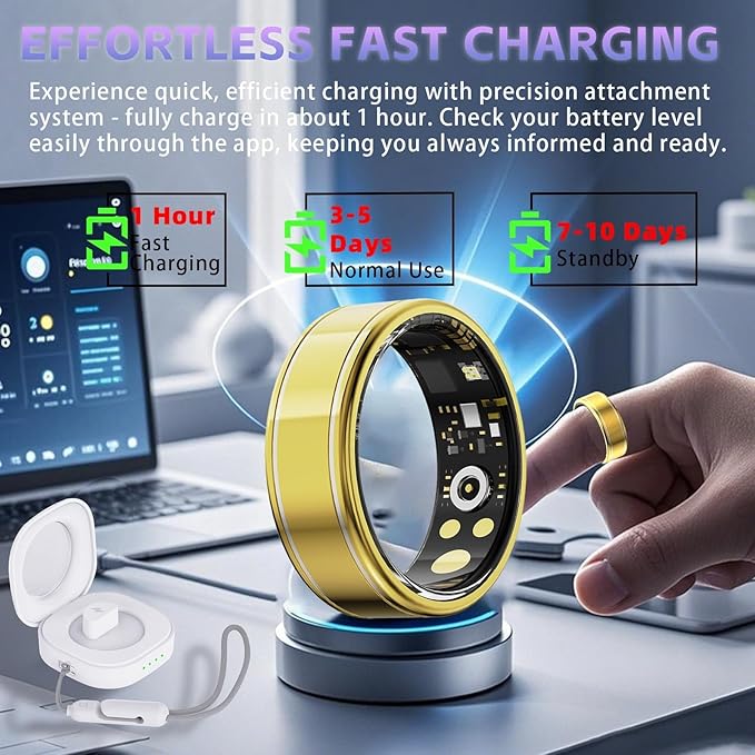 Health Fitness Tracker Ring for Women Men ??Smart Ring with Heart Rate, SpO2, Blood Pressure, Sleep Monitoring with Charging Case,Remote Photography, Family Care, No Subscription Fee (Gold 11)