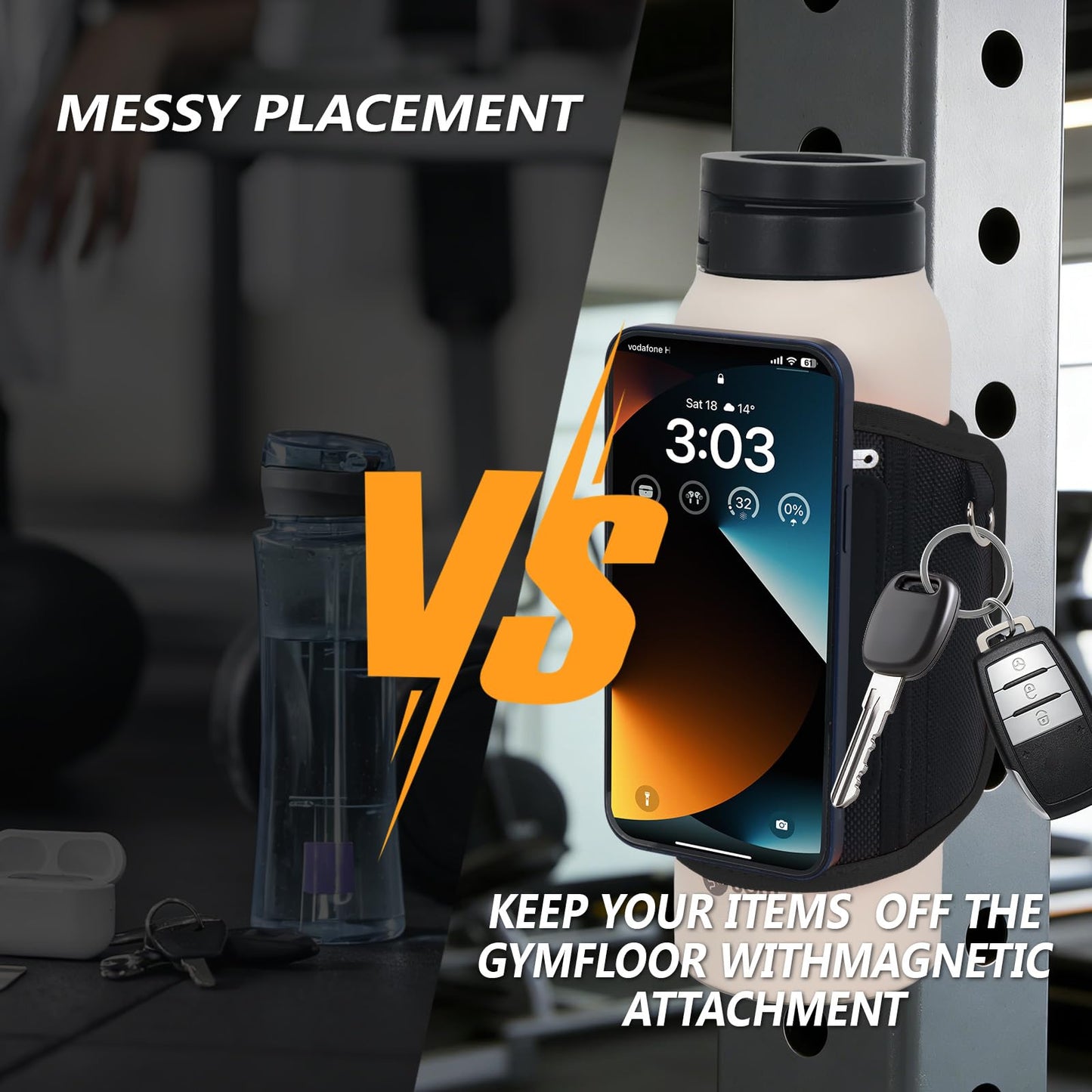 CNAIDUNR Magnetic Gym Water Bottle Bag（Max 32OZ） & Holder with Magnetic Phone Pocket, Keys & Bluetooth Earphone Storage, Gym Accessories Organizer with Card & Cash Pocket (Black)