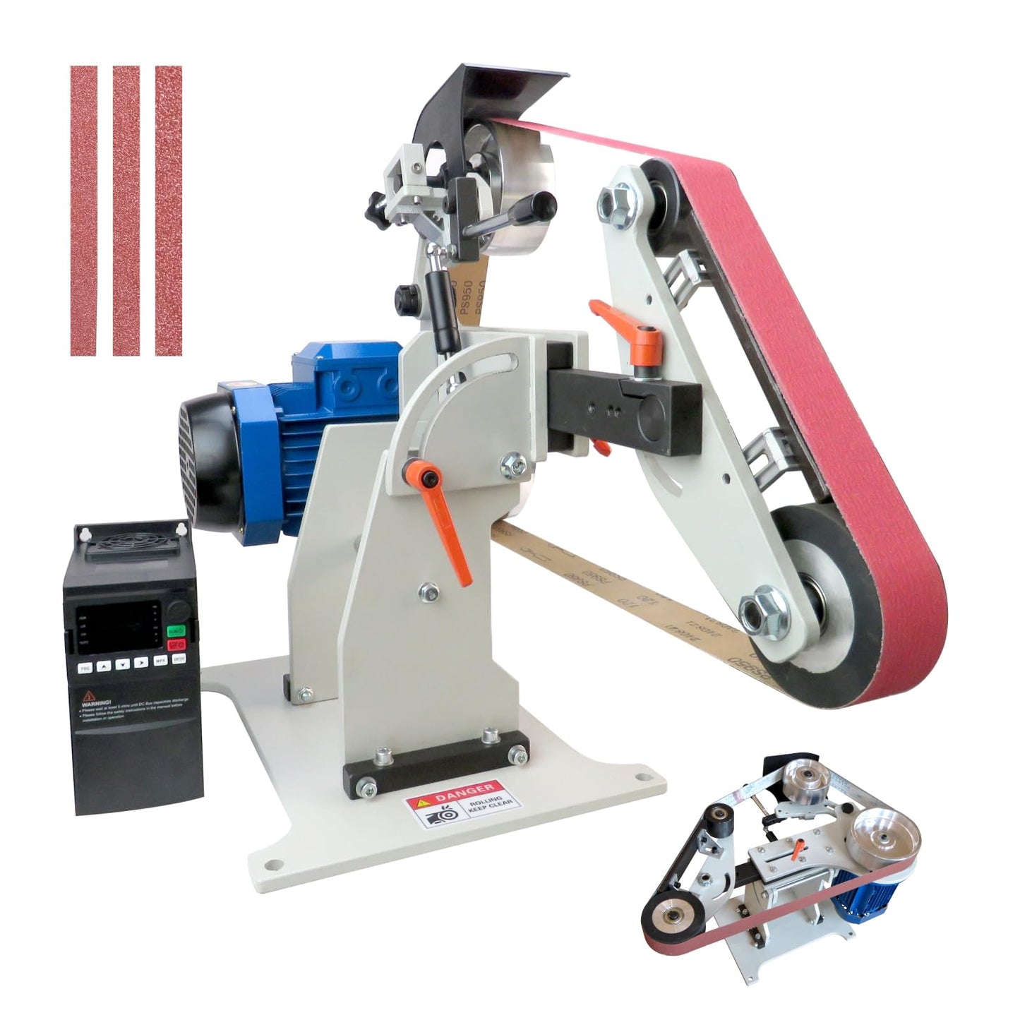 Belt Grinder Sander, 2x72 Inch Belt, 1500W Electric Motor with 2.2KW VFD, 2 sets of grinding kits with 3 grinding methods,Vertical and Horizontal operation includes 3 sanding belts.